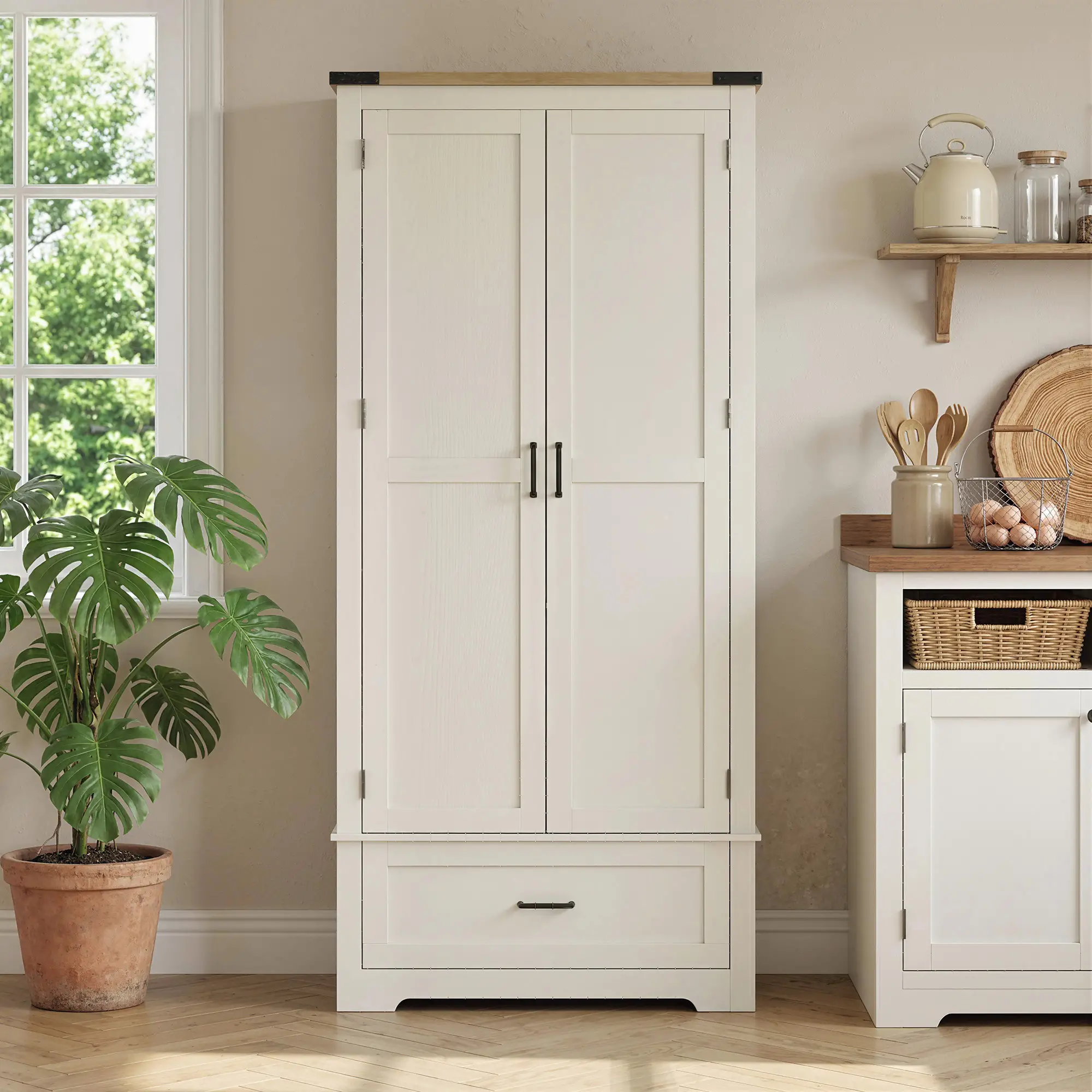 69" Tall Farmhouse Pantry Cabinet, 2 Doors, Drawer, Cream White - Image 9