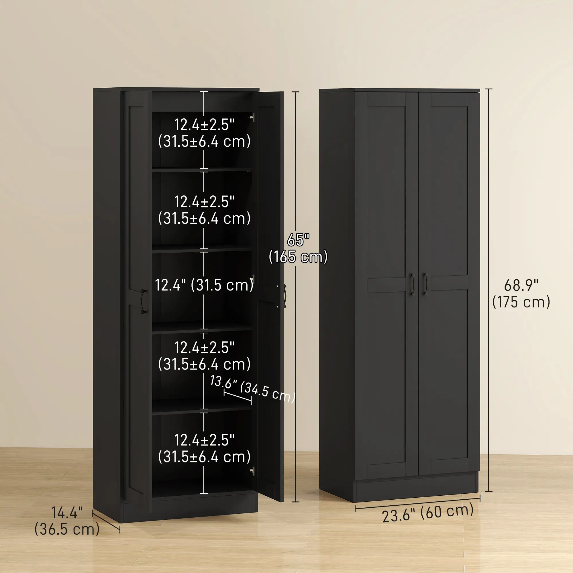 69" Tall Pantry Cabinet, Adjustable Shelves, Soft Close Doors, Black - Image 3