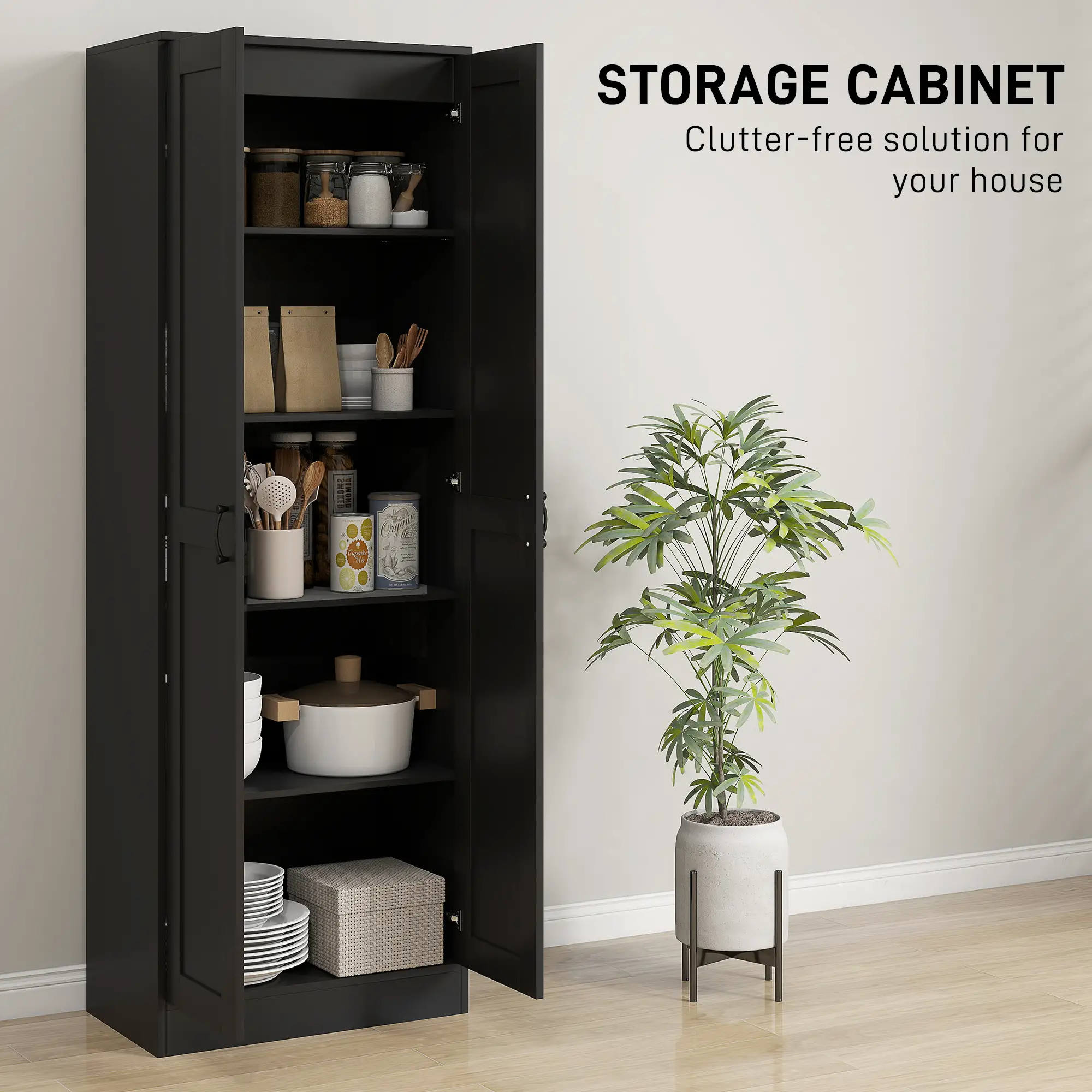 69" Tall Pantry Cabinet, Adjustable Shelves, Soft Close Doors, Black - Image 4