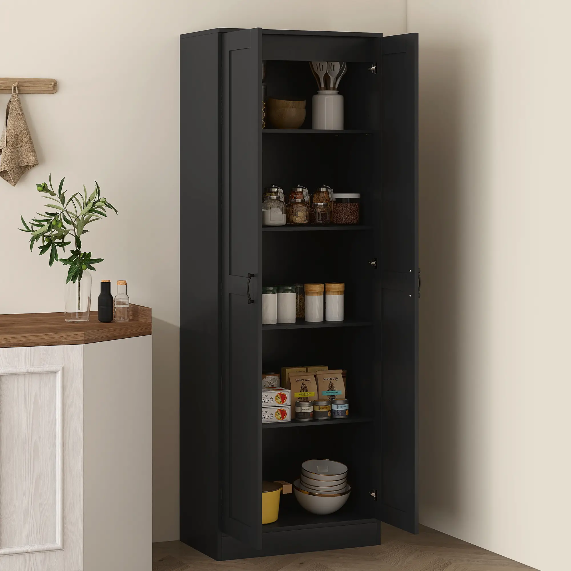 69" Tall Pantry Cabinet, Adjustable Shelves, Soft Close Doors, Black - Image 8