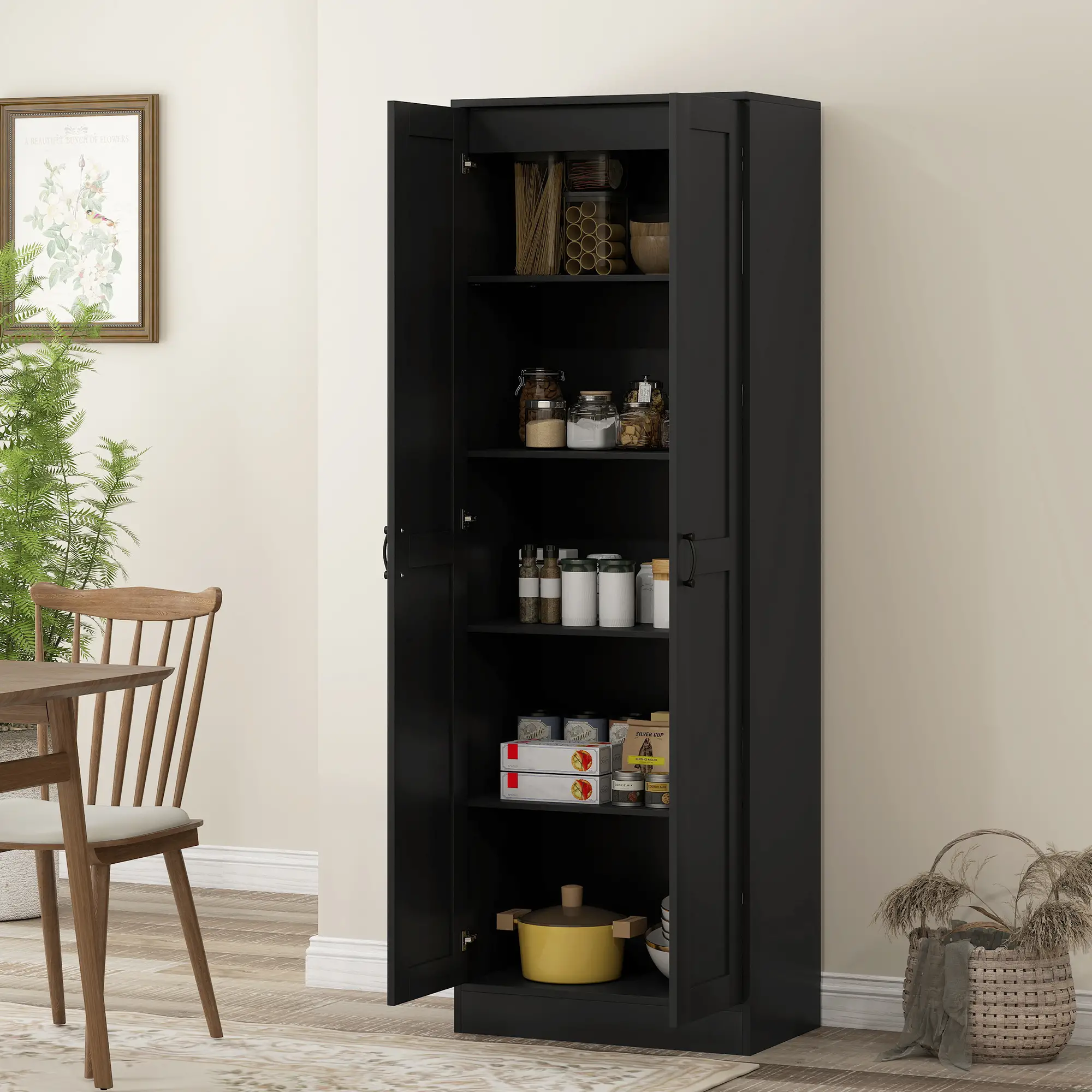 69" Tall Pantry Cabinet, Adjustable Shelves, Soft Close Doors, Black - Image 9