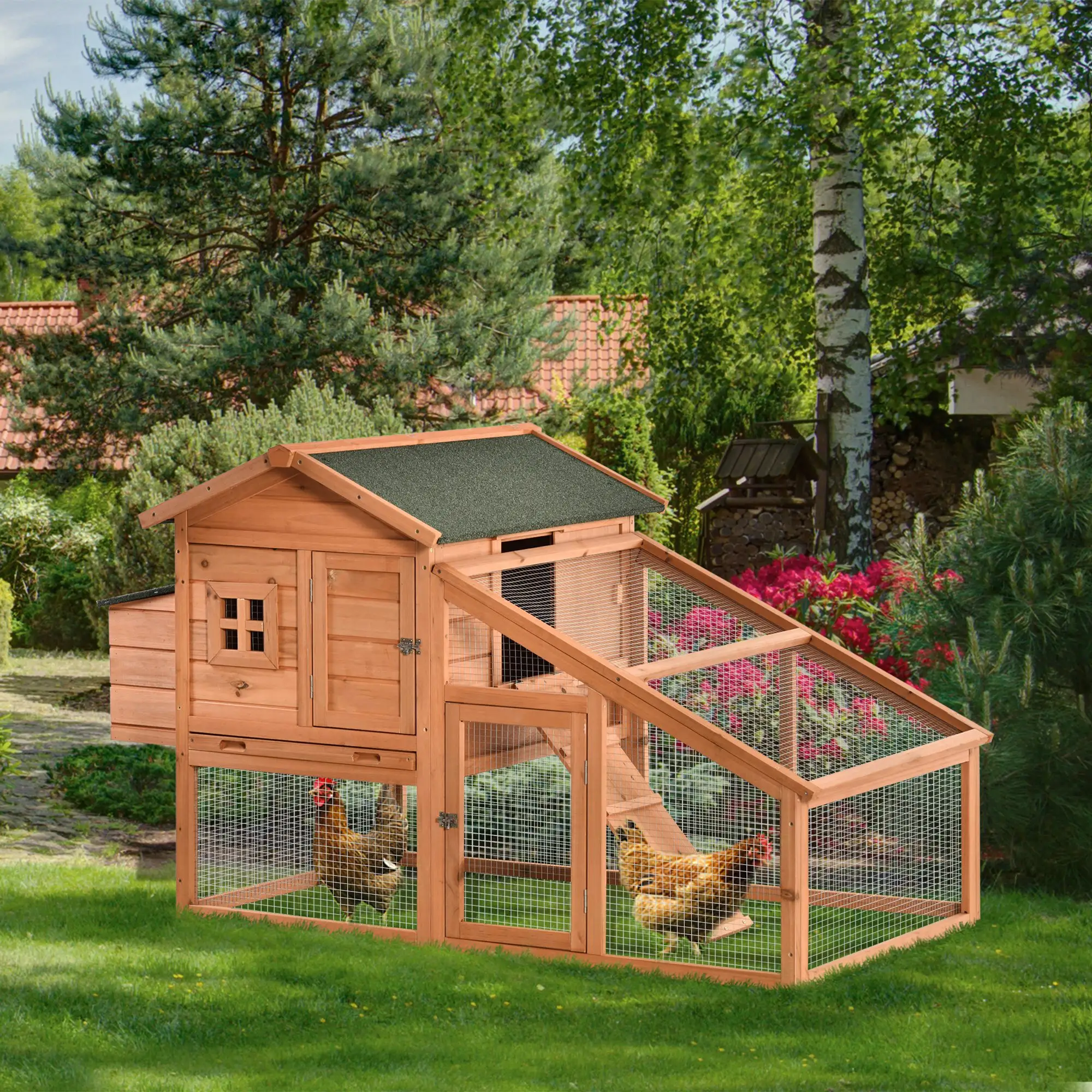 69 Wooden Chicken Coop, Rabbit Hutch, Outdoor Poultry Cage, Yellow and Green - Image 2