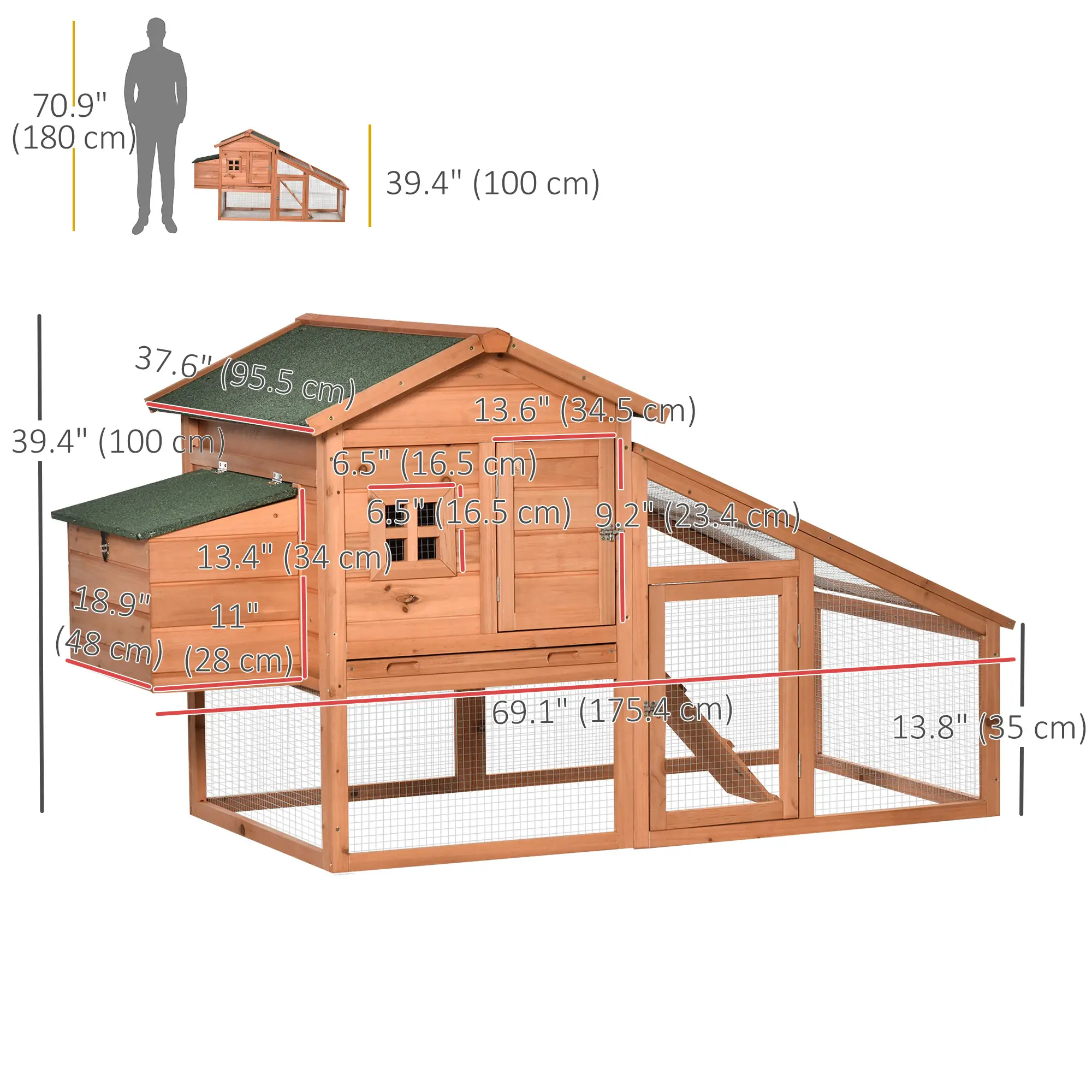69 Wooden Chicken Coop, Rabbit Hutch, Outdoor Poultry Cage, Yellow and Green - Image 3
