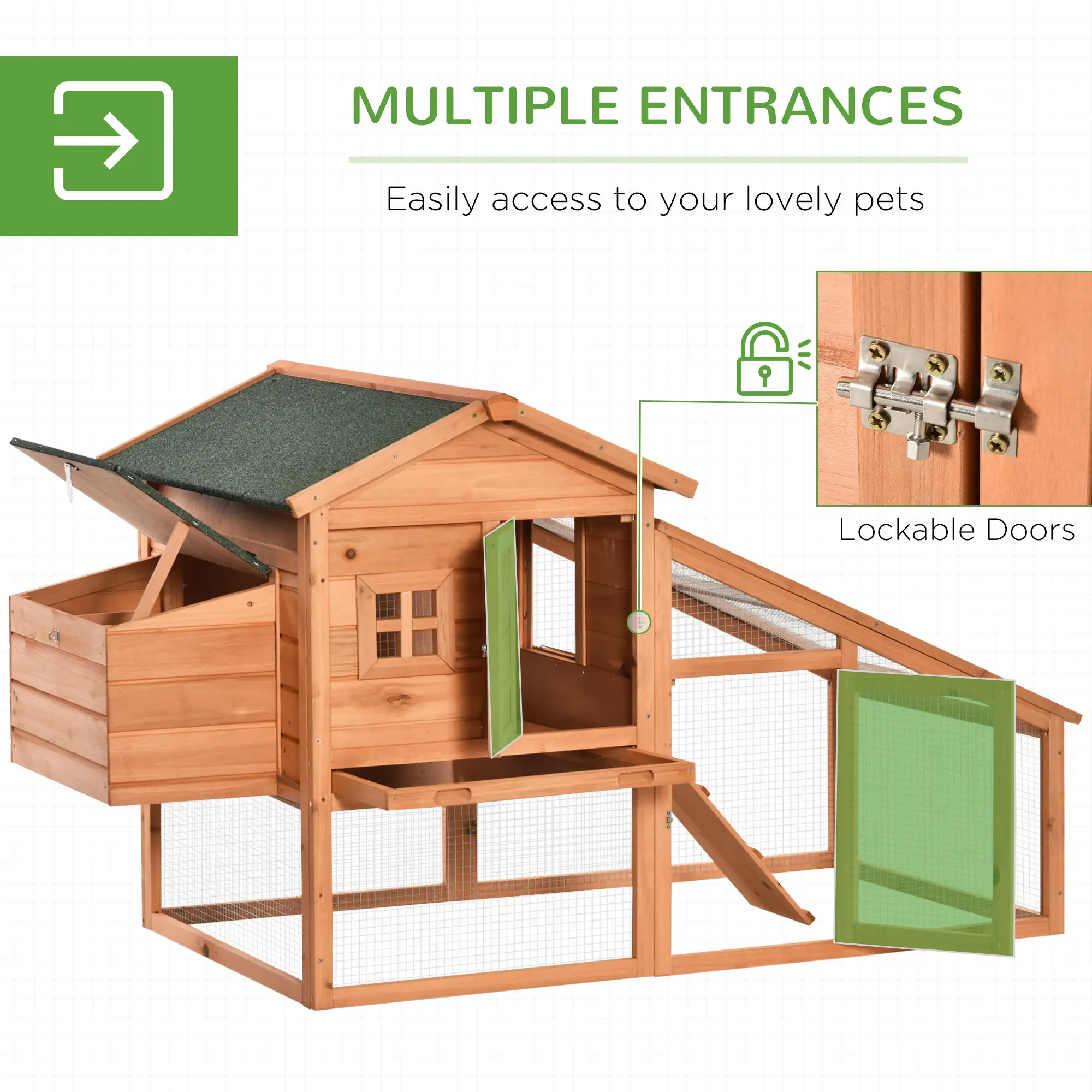69 Wooden Chicken Coop, Rabbit Hutch, Outdoor Poultry Cage, Yellow and Green - Image 5