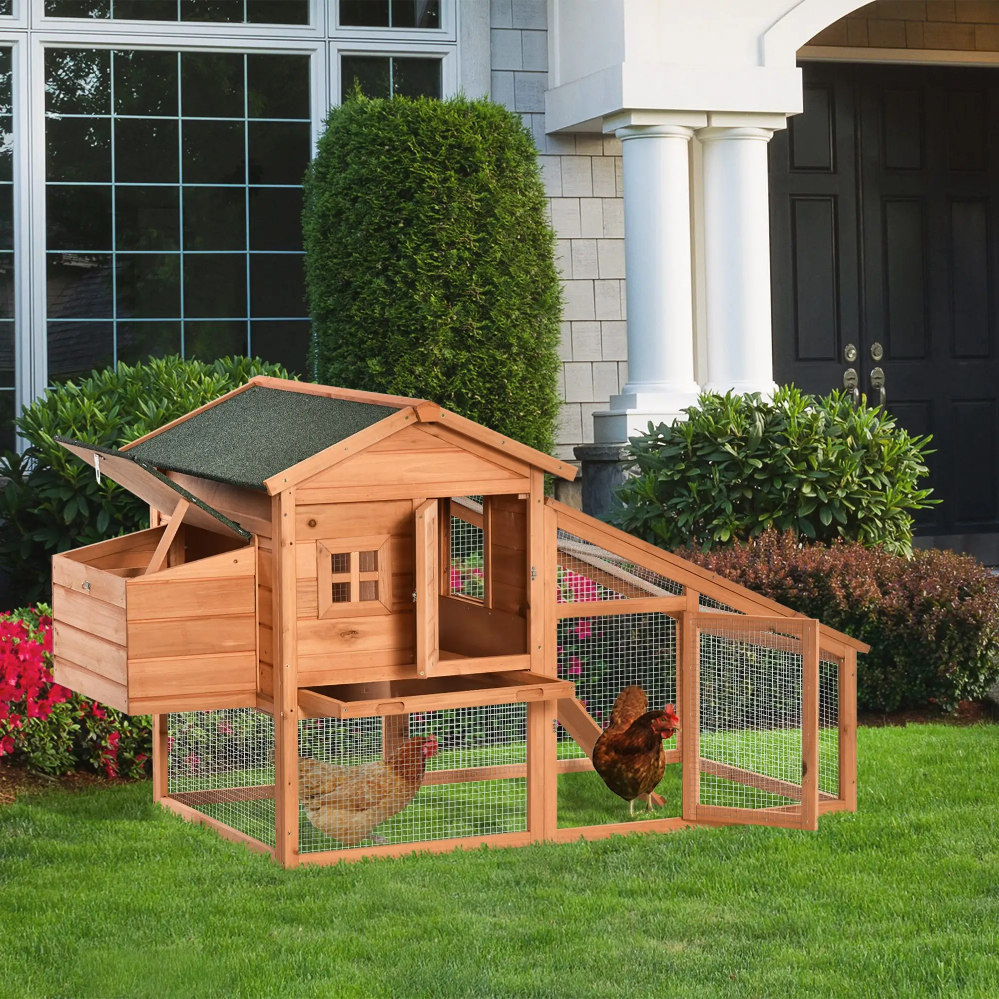 69 Wooden Chicken Coop, Rabbit Hutch, Outdoor Poultry Cage, Yellow and Green - Image 8