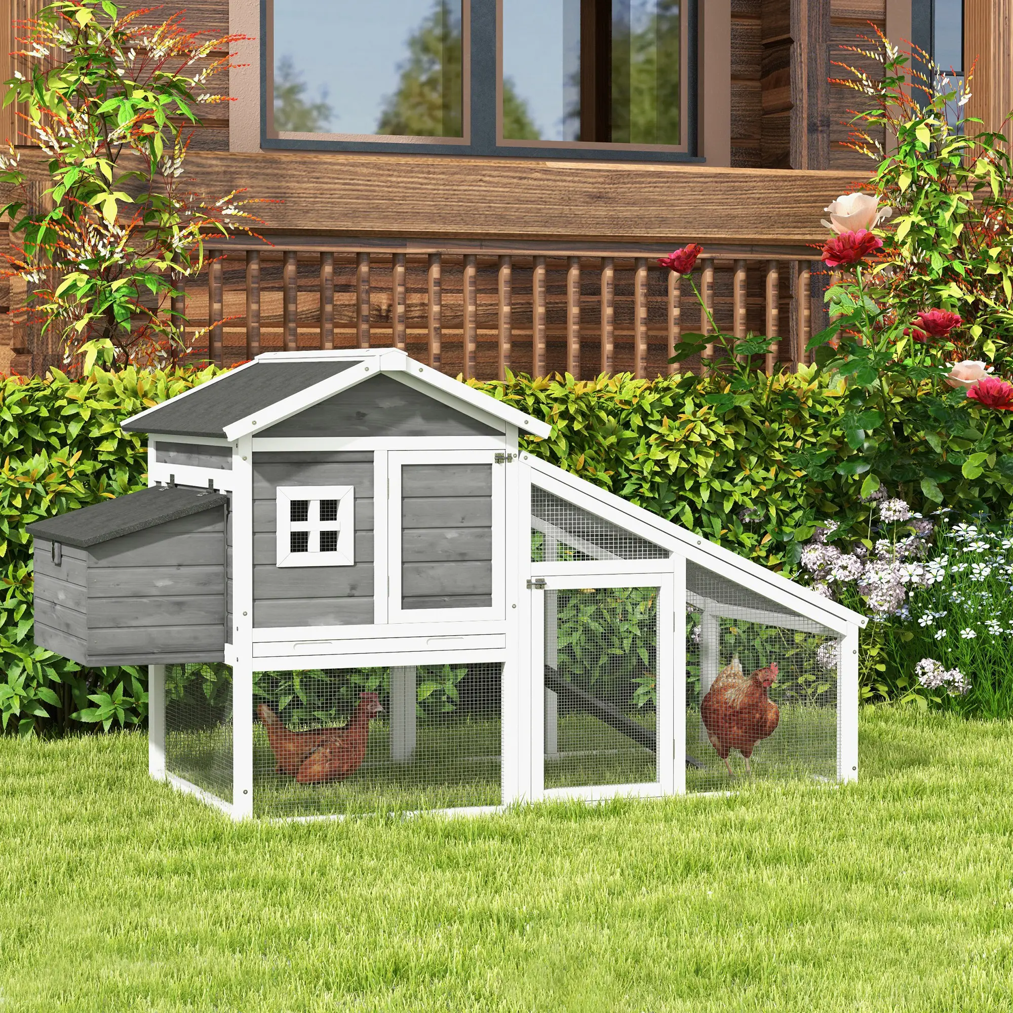 69 Wooden Chicken Coop with Run, Nesting Box, Tray, Grey - Image 2