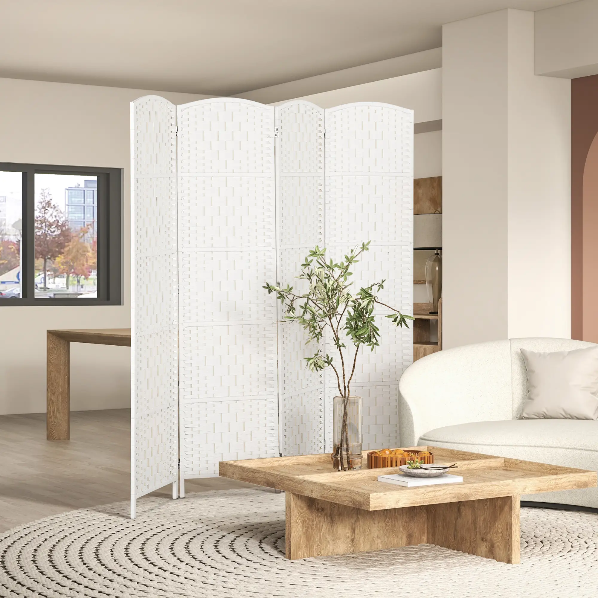 6ft 4-Panel Folding Room Divider, Wooden Frame, White - Image 2