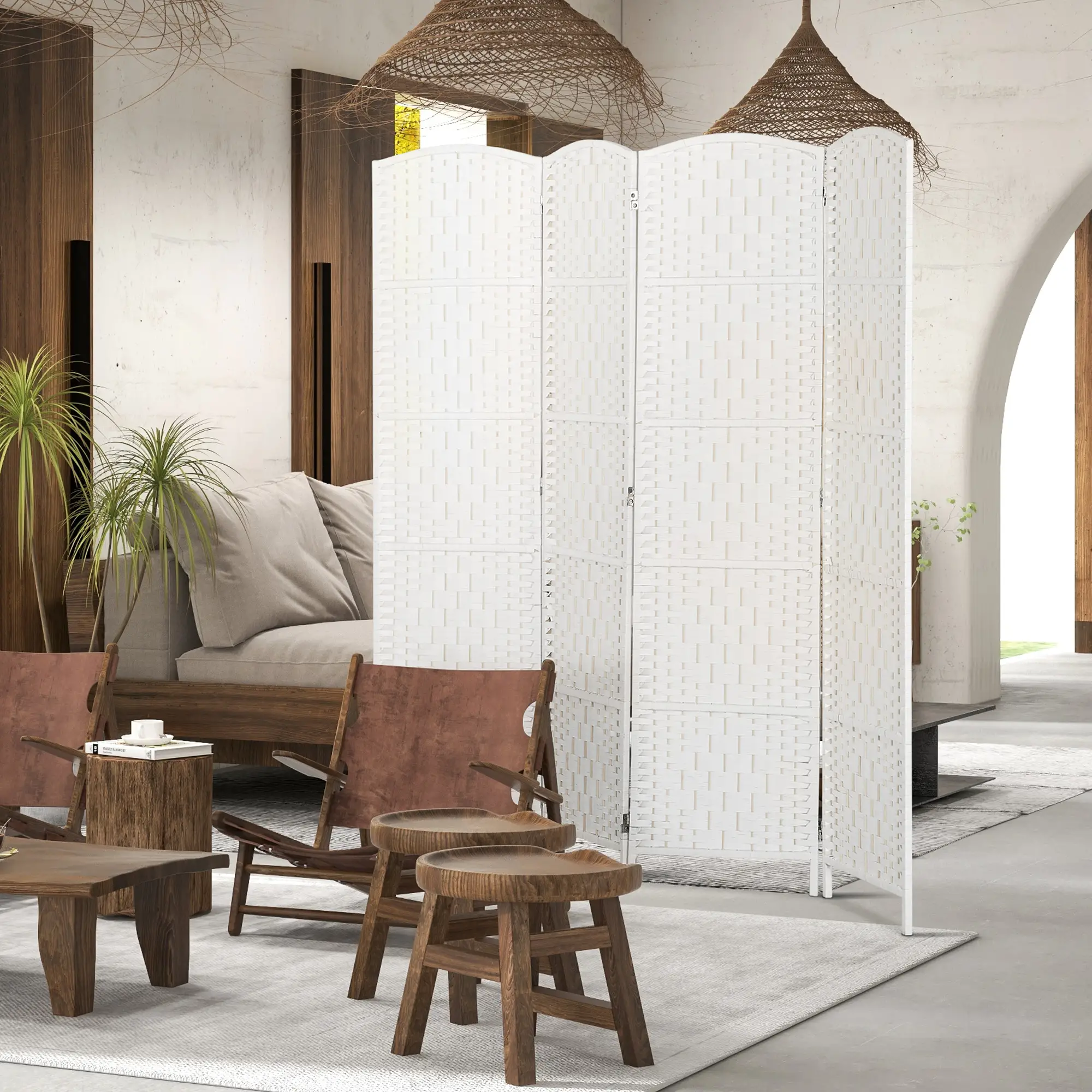 6ft 4-Panel Folding Room Divider, Wooden Frame, White - Image 8