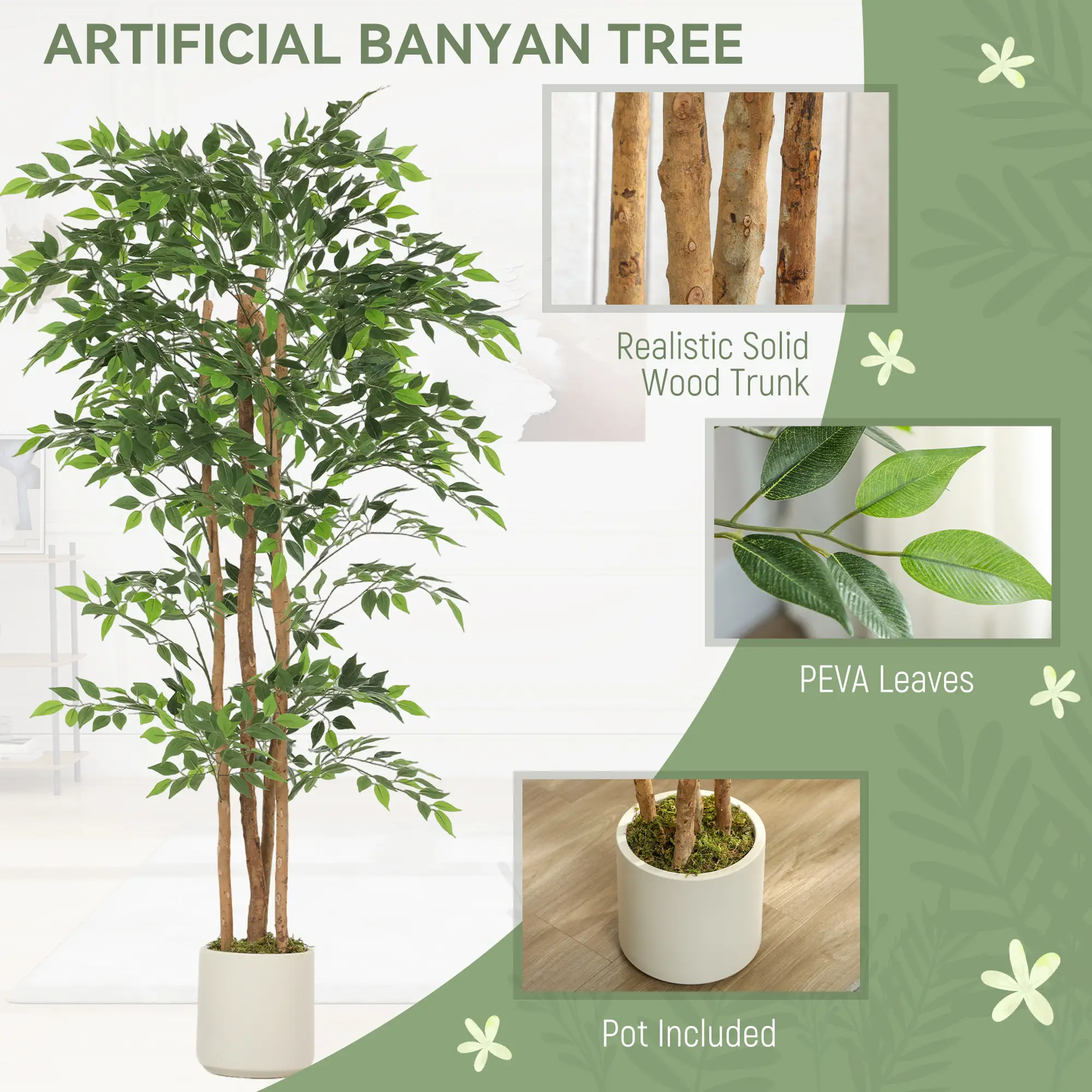 6FT Artificial Banyan Tree Set, Fake Potted Tree With Wood Trunk - Image 4