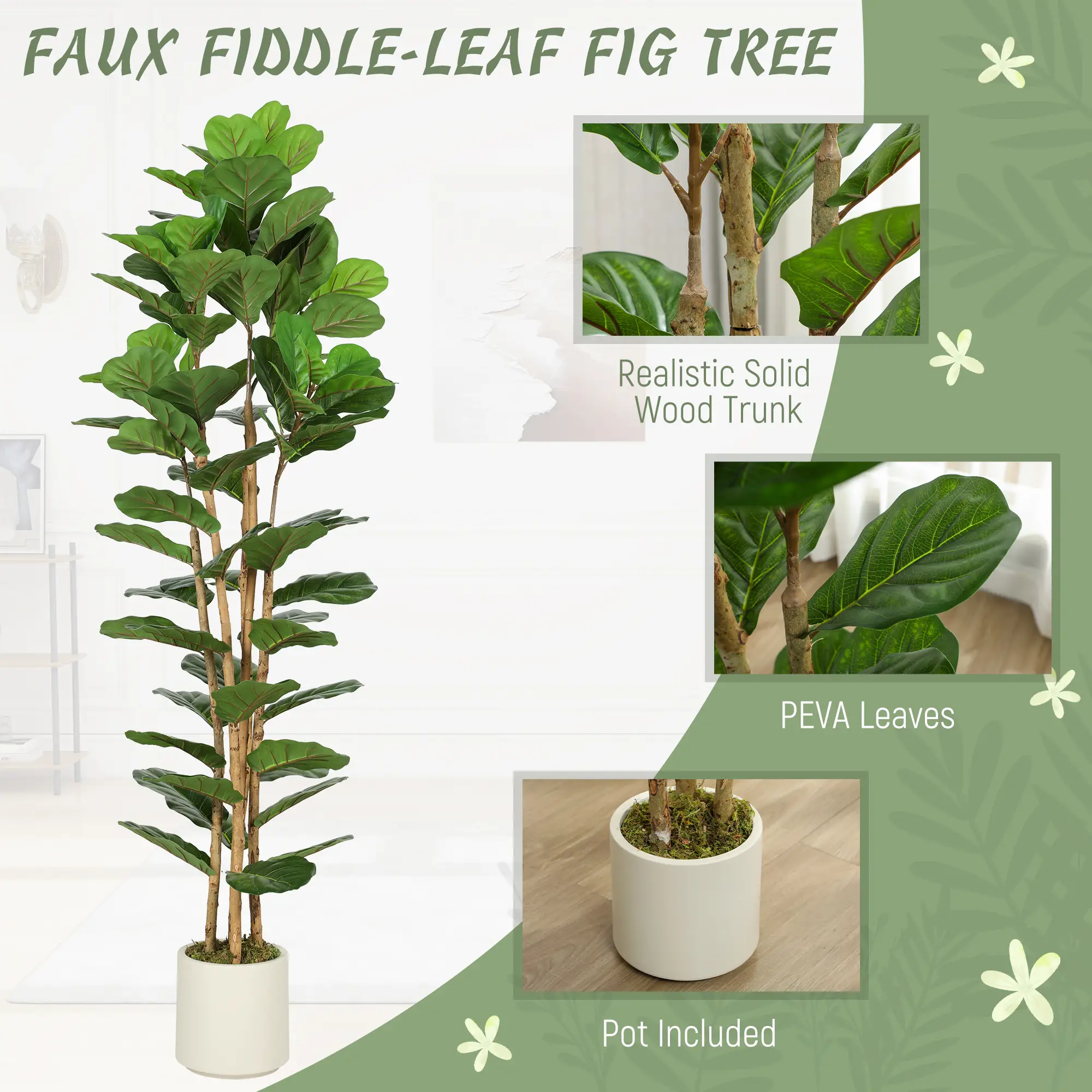 6FT Artificial Fiddle Leaf Fig Tree, Fake Potted Tree, Green - Image 4