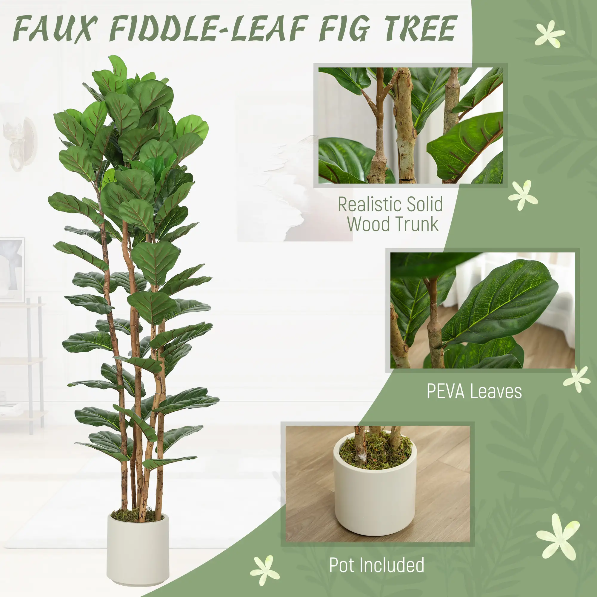 6FT Artificial Fiddle Leaf Fig Tree Set Of 2, Fake Potted Tree, Green - Image 4