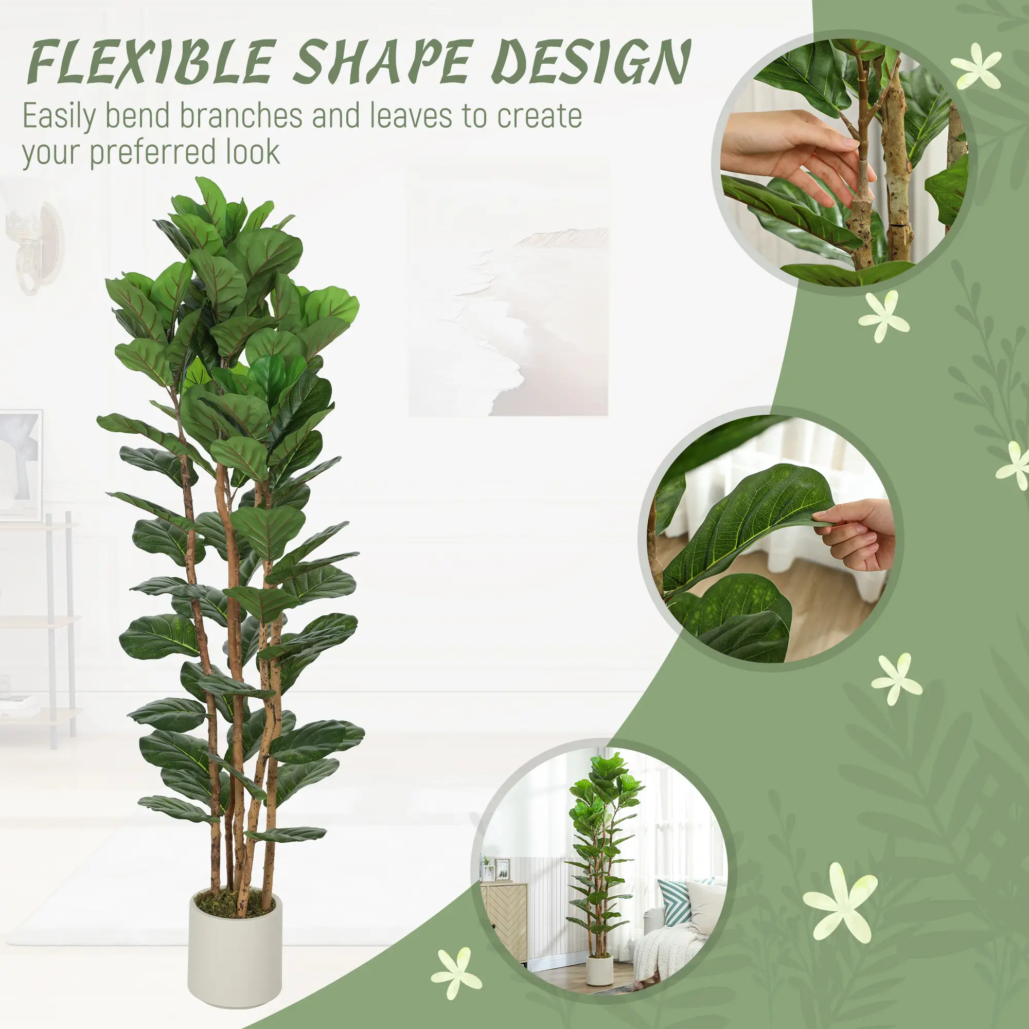 6FT Artificial Fiddle Leaf Fig Tree Set Of 2, Fake Potted Tree, Green - Image 6