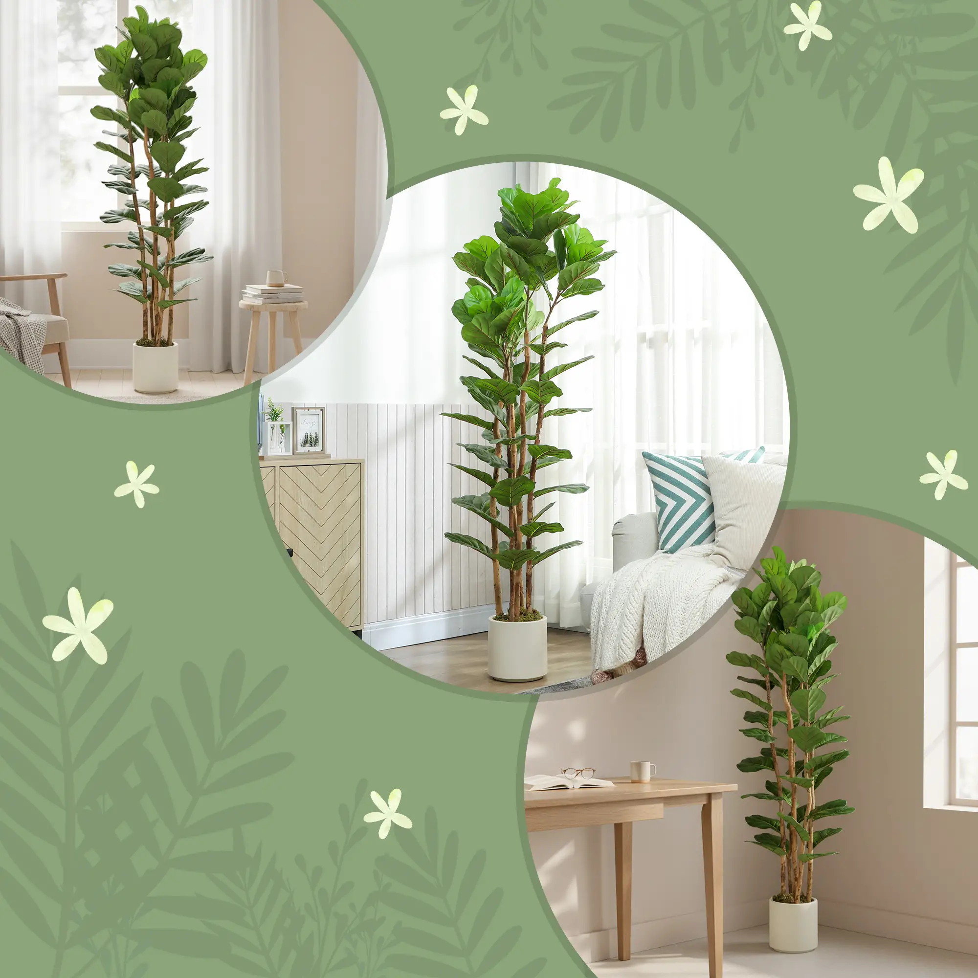 6FT Artificial Fiddle Leaf Fig Tree Set Of 2, Fake Potted Tree, Green - Image 7