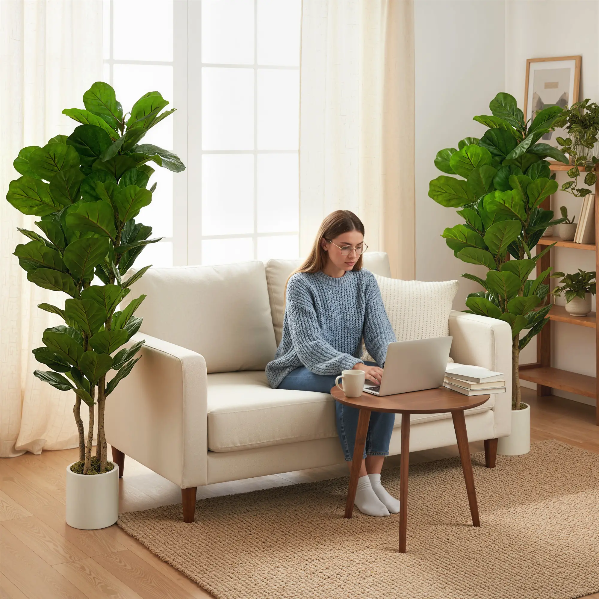 6FT Artificial Fiddle Leaf Fig Tree Set Of 2, Fake Potted Tree, Green - Image 9
