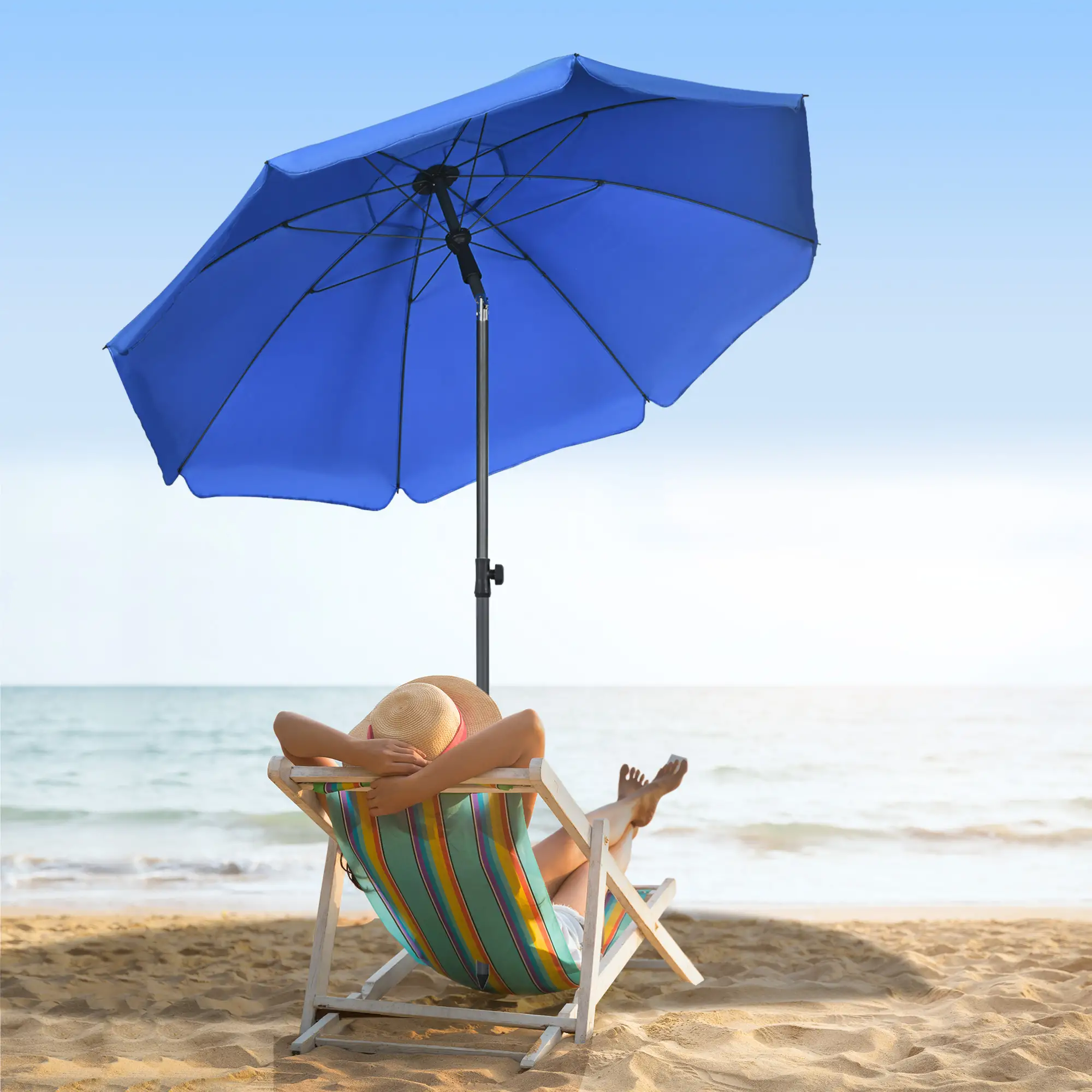 6ft Beach Umbrella, UV50+ Vented Canopy, Push Button Tilt, Blue - Image 8