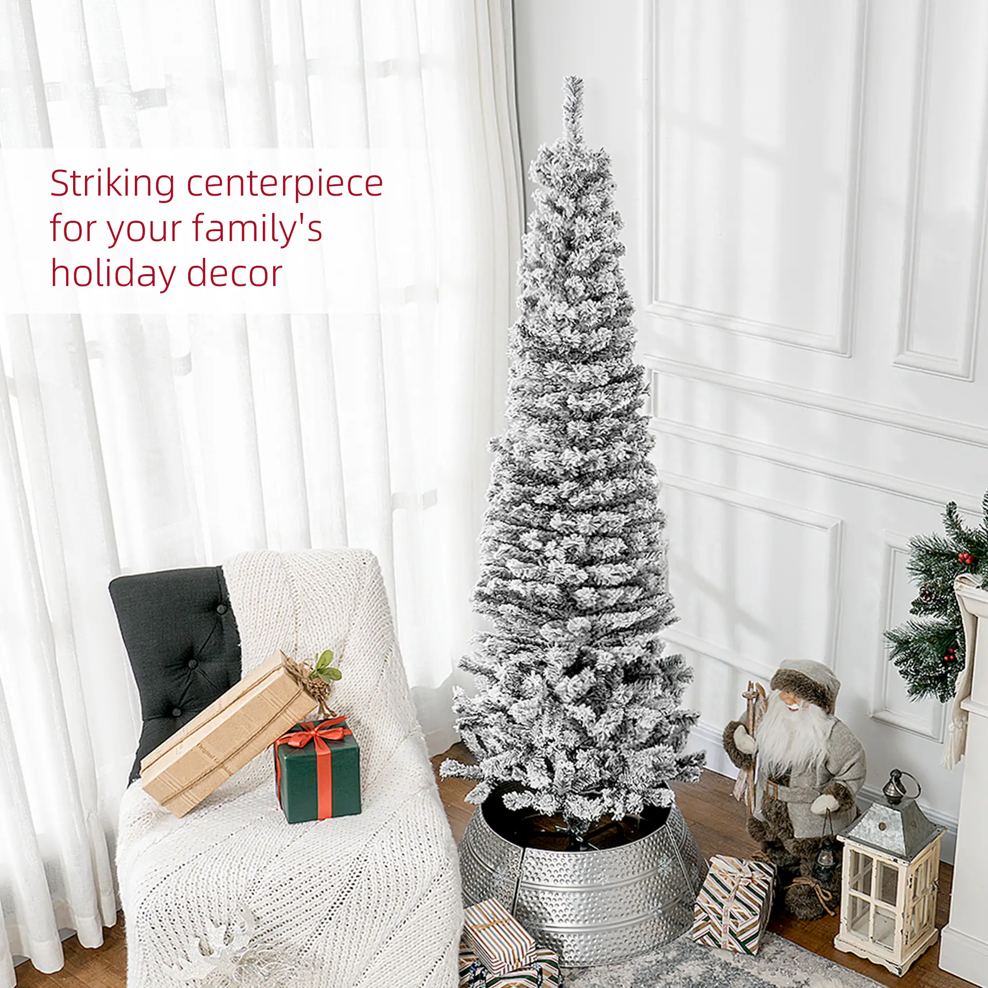 6ft Flocked Pencil Christmas Tree, Realistic Branch Tips, Black - Image 4
