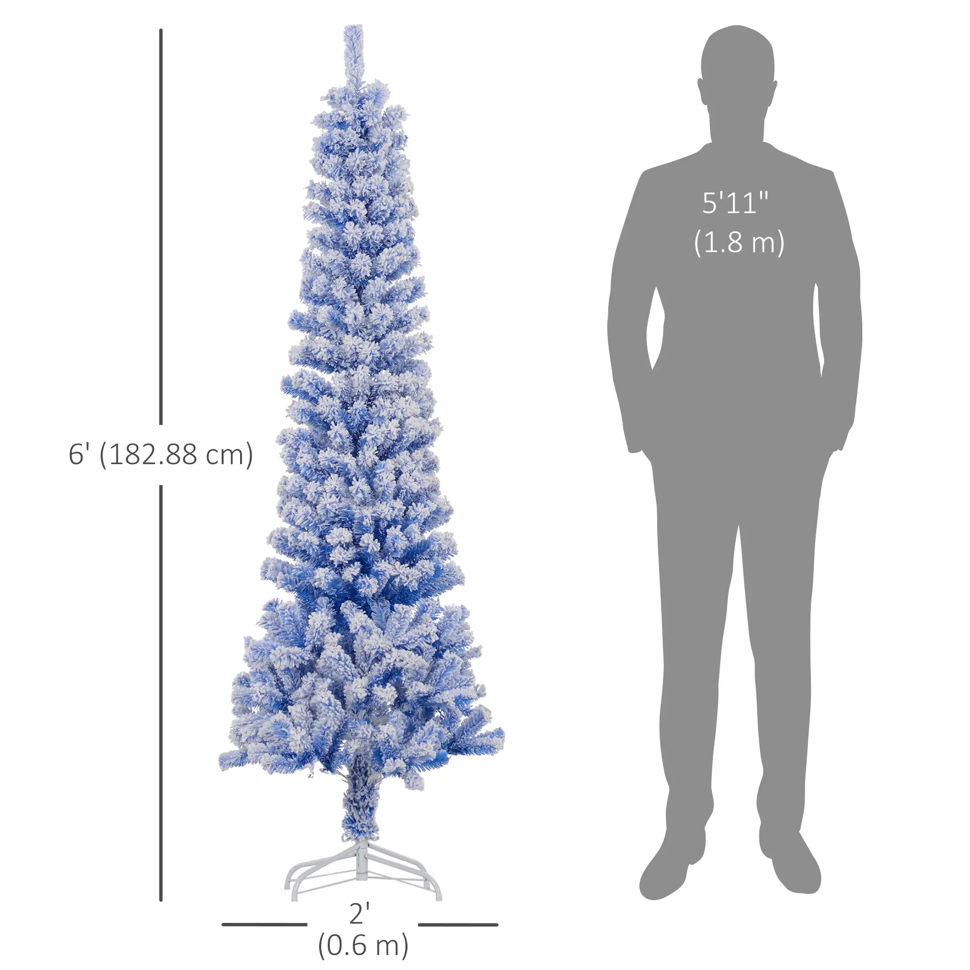 6ft Flocked Pencil Christmas Tree, Realistic Branch Tips, Blue - Image 3