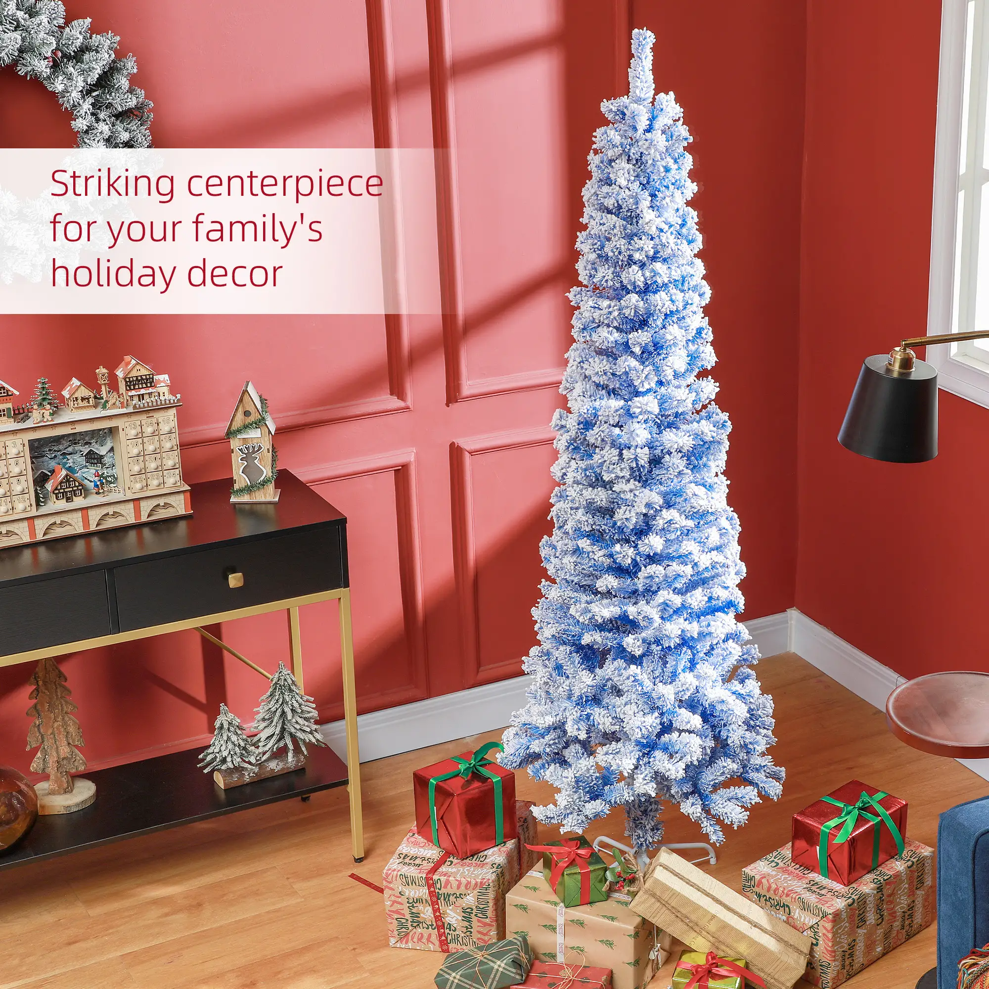 6ft Flocked Pencil Christmas Tree, Realistic Branch Tips, Blue - Image 4