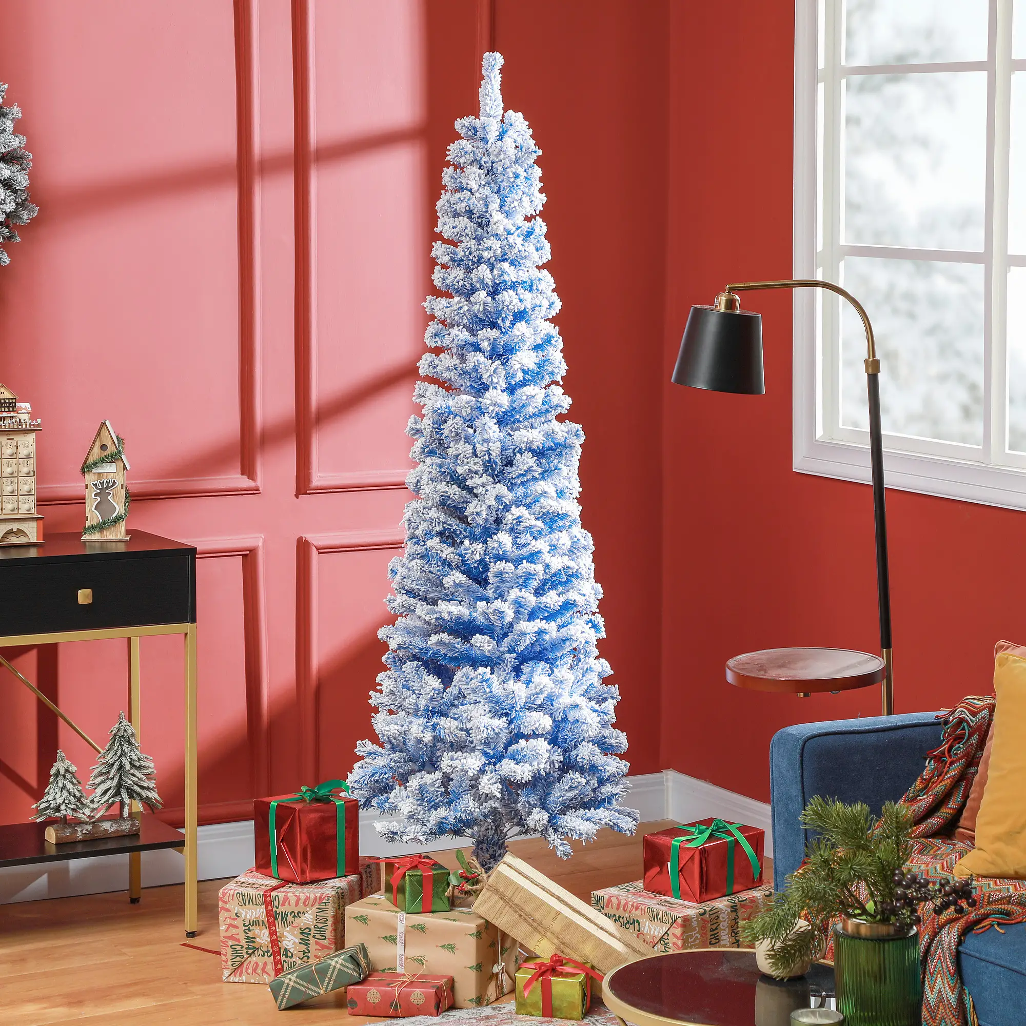 6ft Flocked Pencil Christmas Tree, Realistic Branch Tips, Blue - Image 8