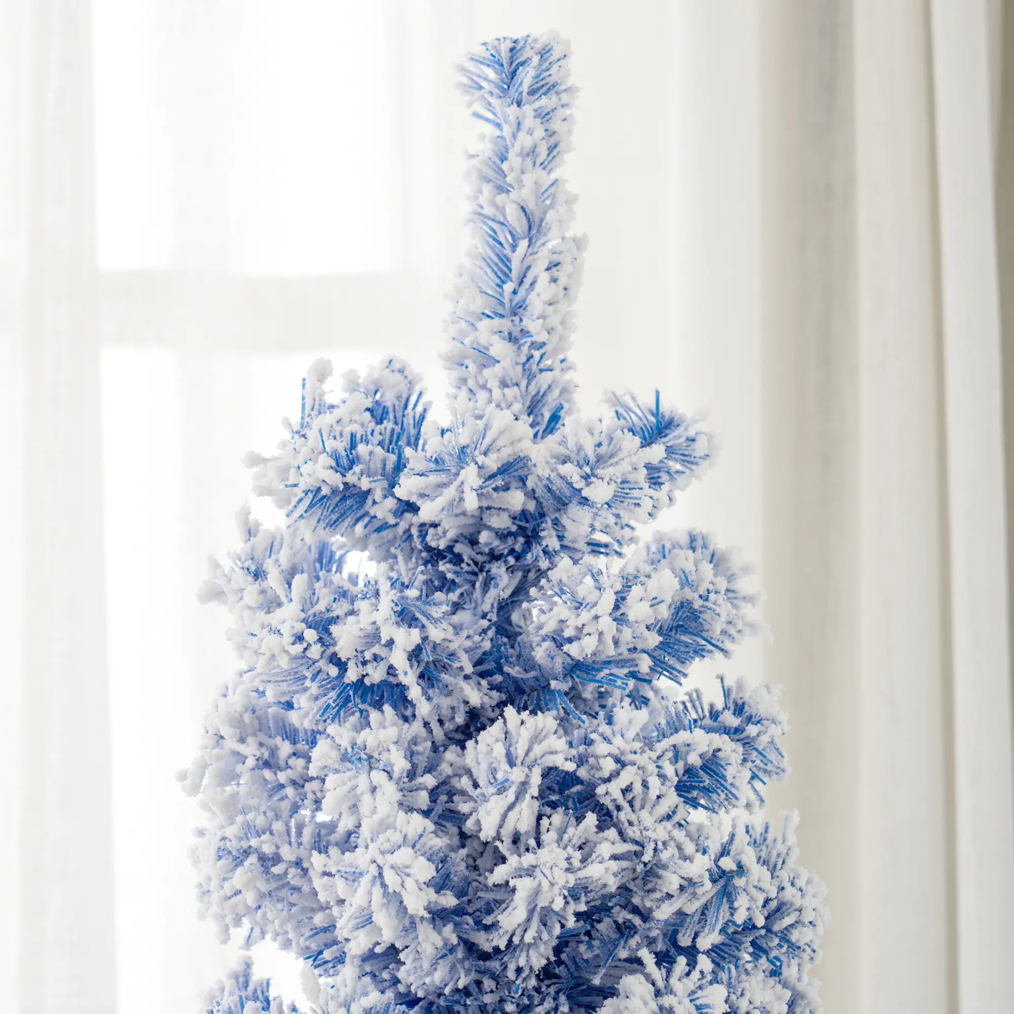 6ft Flocked Pencil Christmas Tree, Realistic Branch Tips, Blue - Image 9