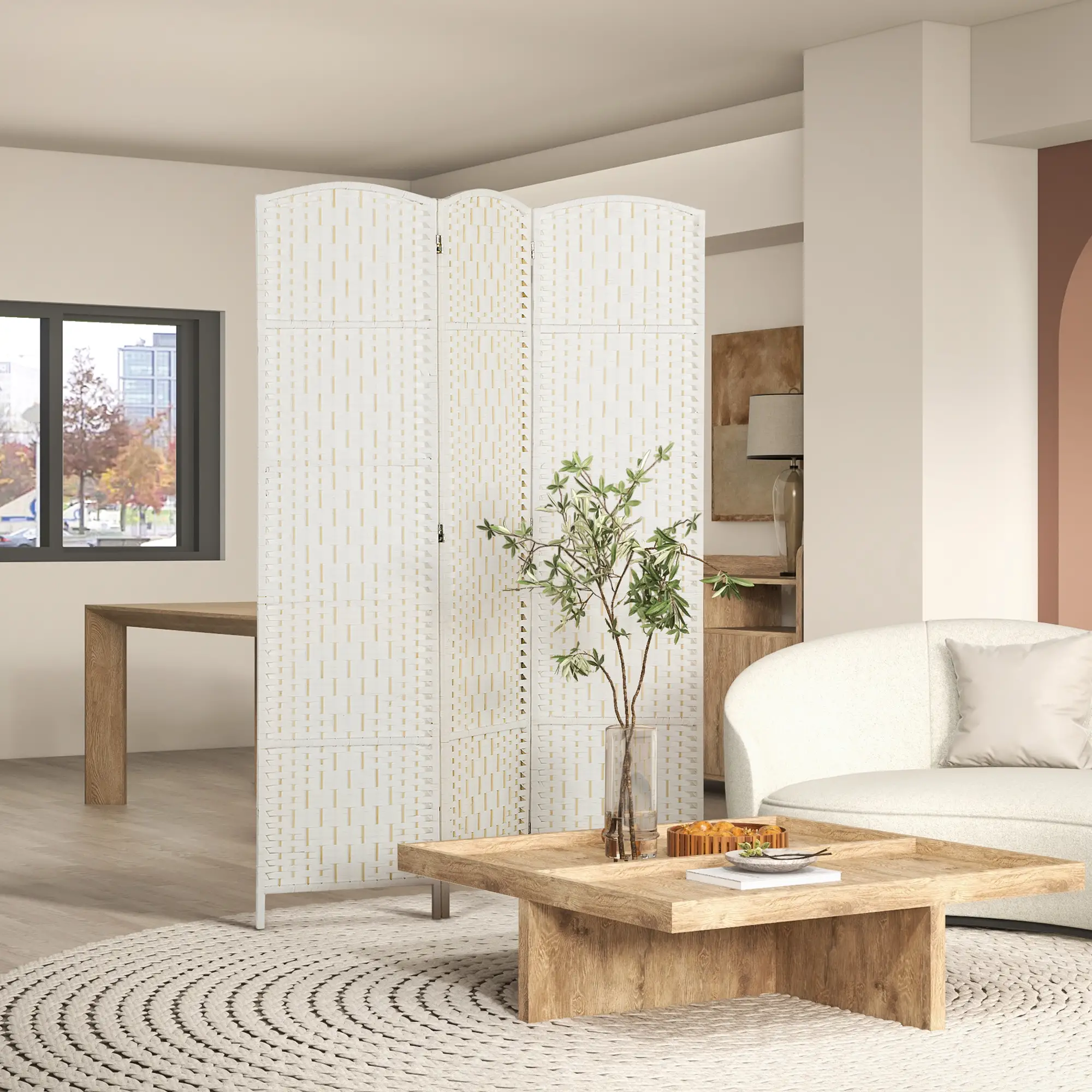 6ft Folding Room Divider, 3 Panel Wooden Partition, White - Image 2