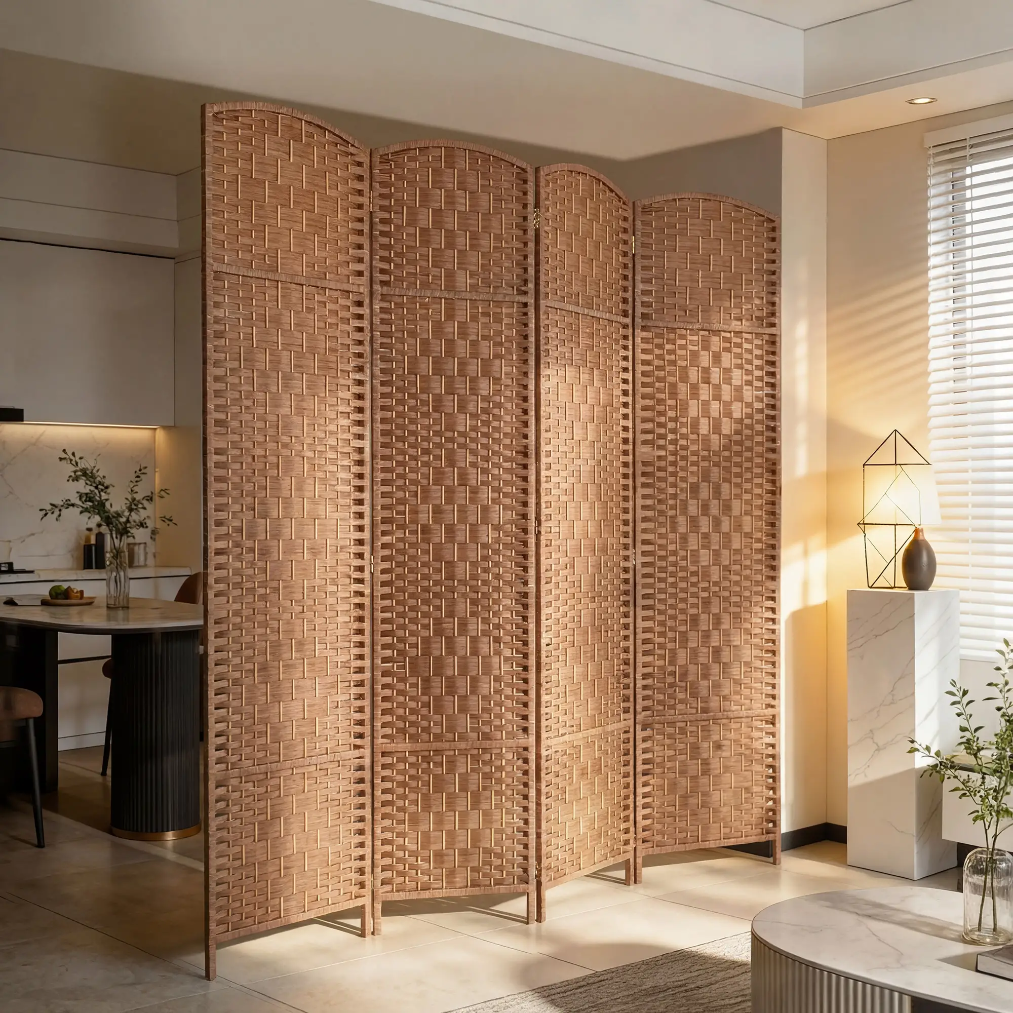 6ft Folding Room Divider, 4 Panel Wooden Frame, Natural - Image 10