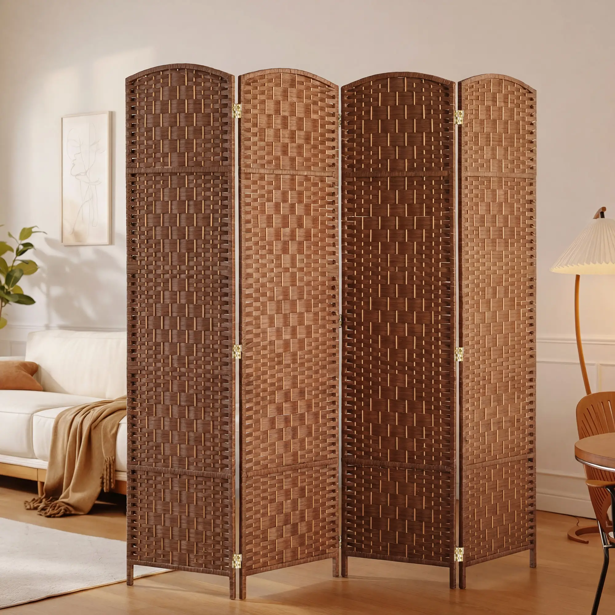 6ft Folding Room Divider, 4 Panel Wooden Frame, Natural - Image 8