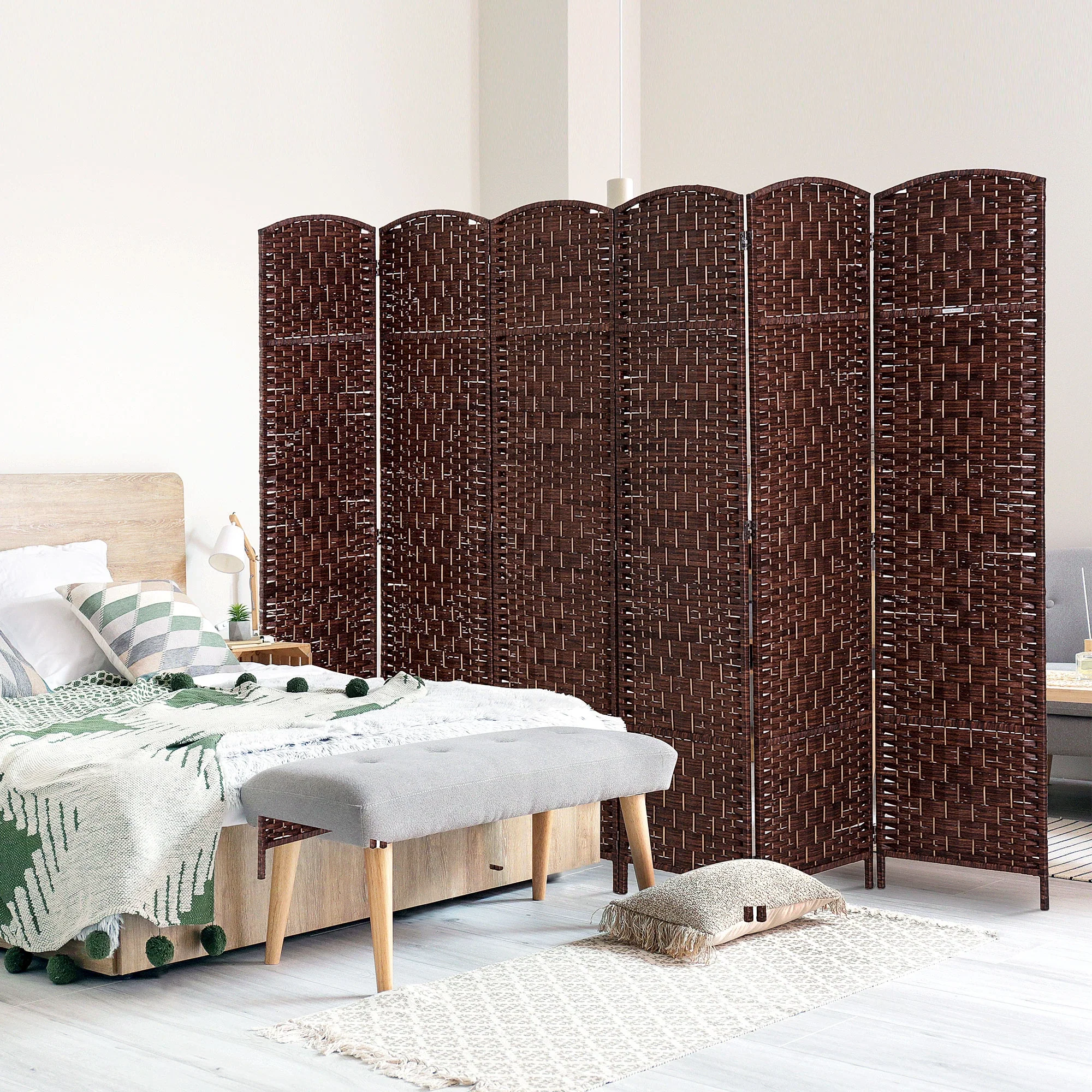 6ft Folding Room Divider, 6 Panel Wooden Frame, Brown - Image 2