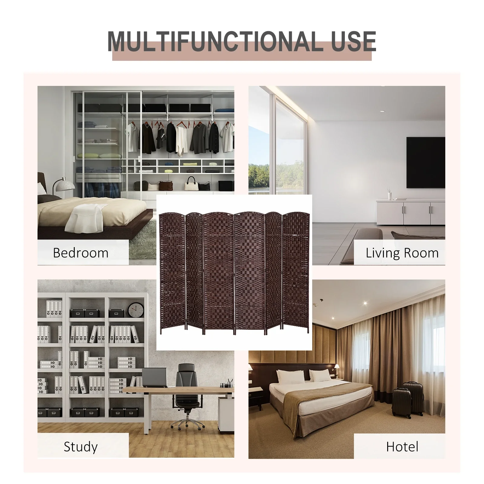 6ft Folding Room Divider, 6 Panel Wooden Frame, Brown - Image 6