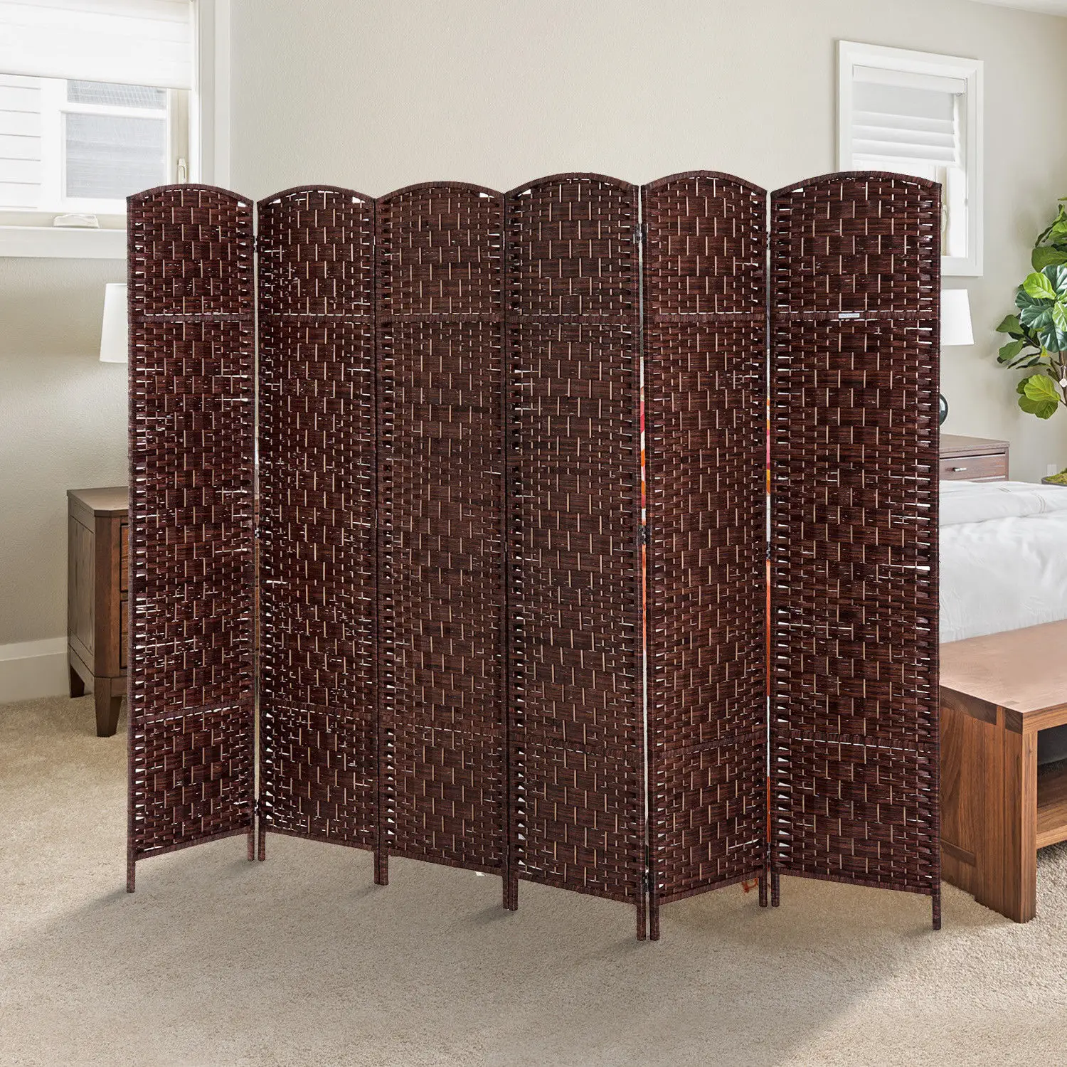 6ft Folding Room Divider, 6 Panel Wooden Frame, Brown - Image 8