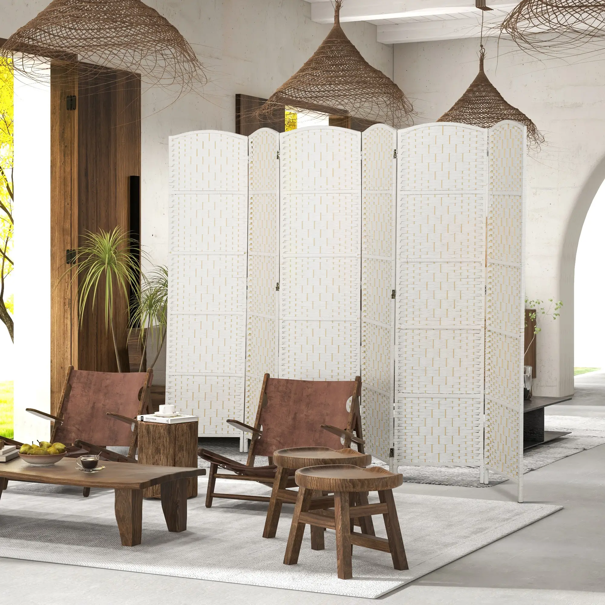 6ft Folding Room Divider, Wooden Frame, Natural - Image 8