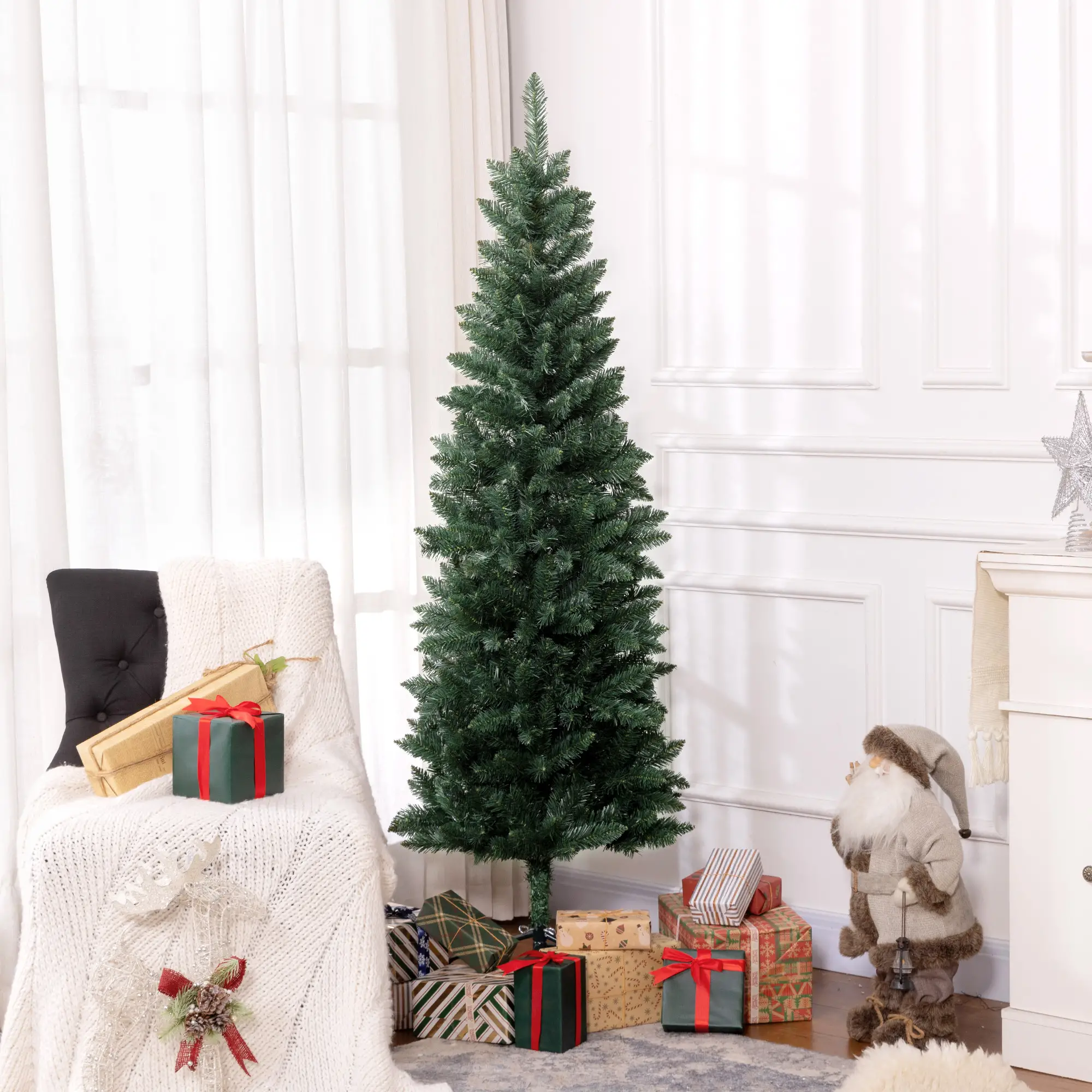 6ft Pencil Artificial Christmas Tree, 479 Branch Tips, Steel Base, Green - Image 2