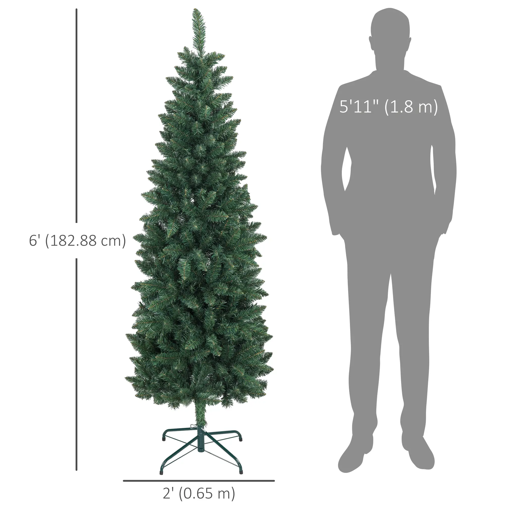 6ft Pencil Artificial Christmas Tree, 479 Branch Tips, Steel Base, Green - Image 3
