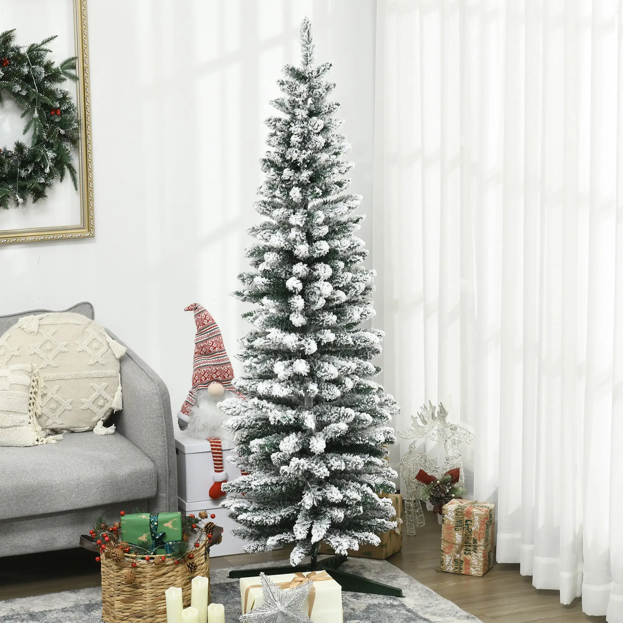 6ft Pencil Artificial Christmas Tree, Snow Flocked Branches, Green - Image 2