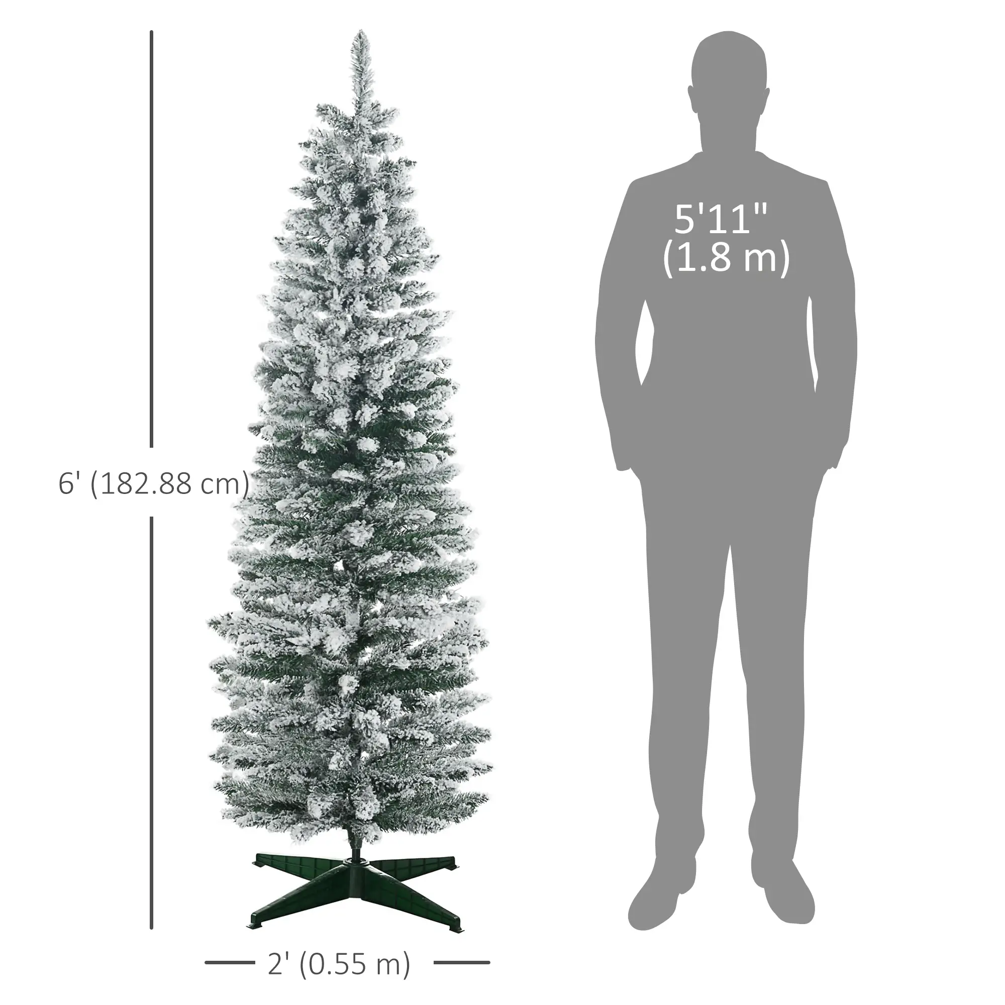 6ft Pencil Artificial Christmas Tree, Snow Flocked Branches, Green - Image 3