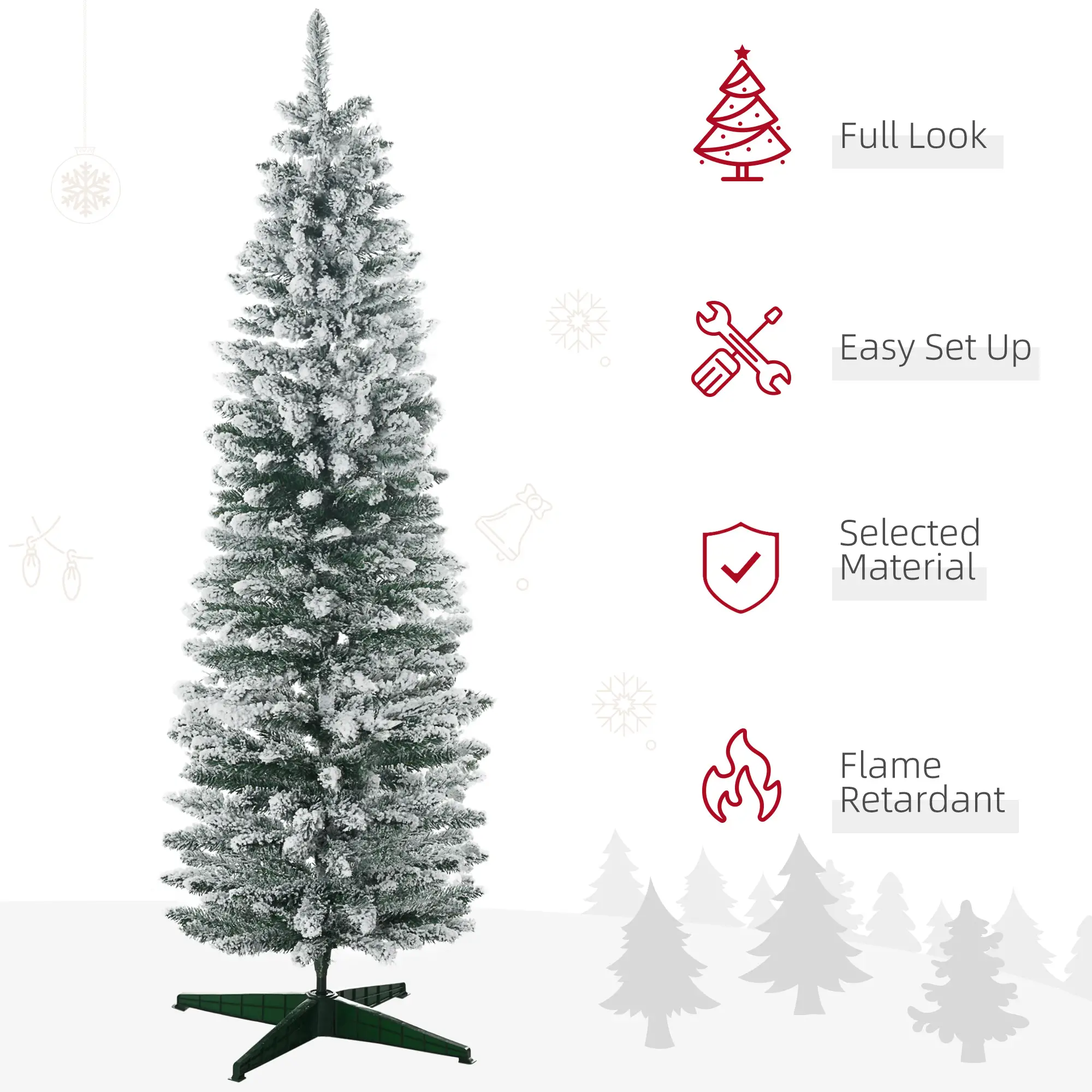 6ft Pencil Artificial Christmas Tree, Snow Flocked Branches, Green - Image 4