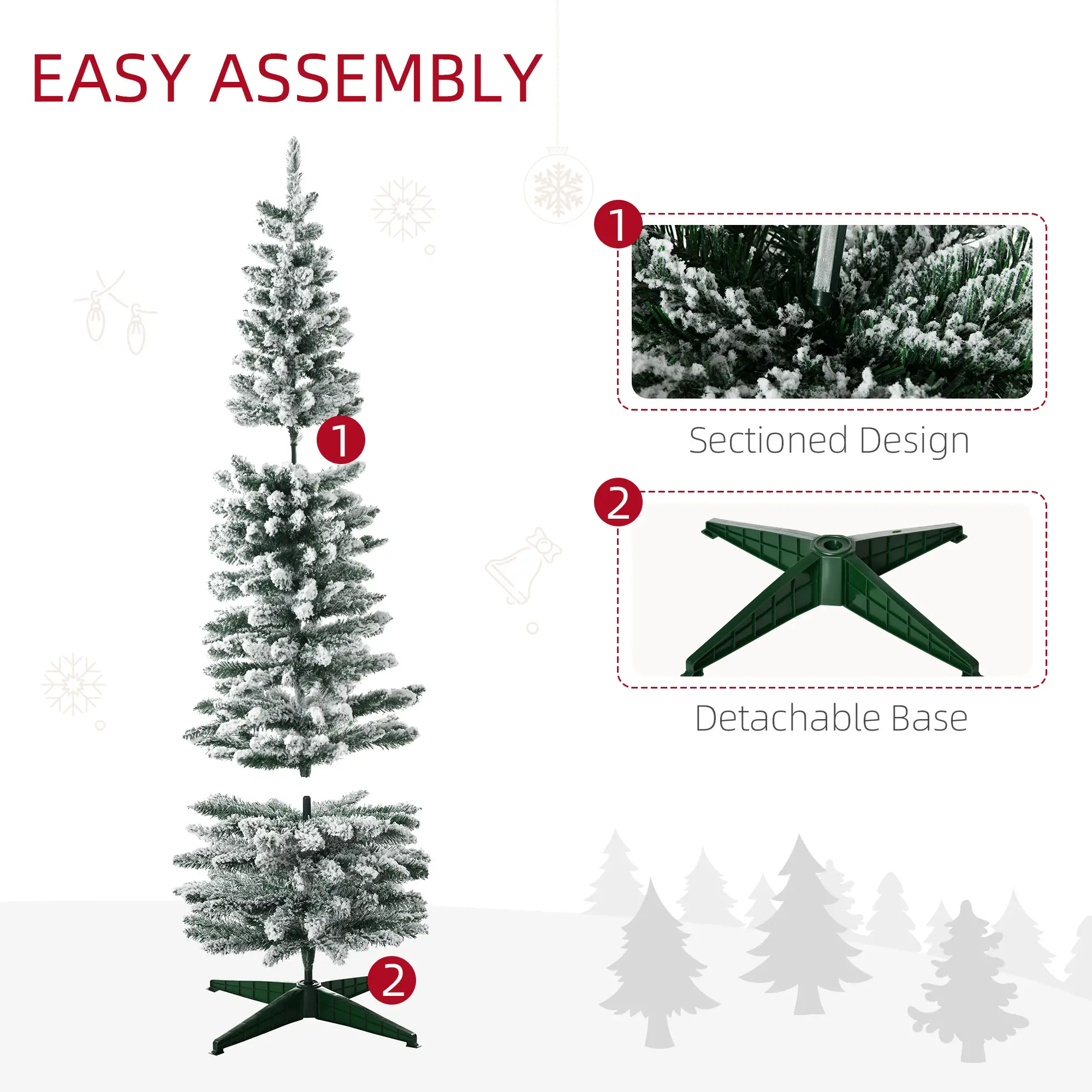 6ft Pencil Artificial Christmas Tree, Snow Flocked Branches, Green - Image 6