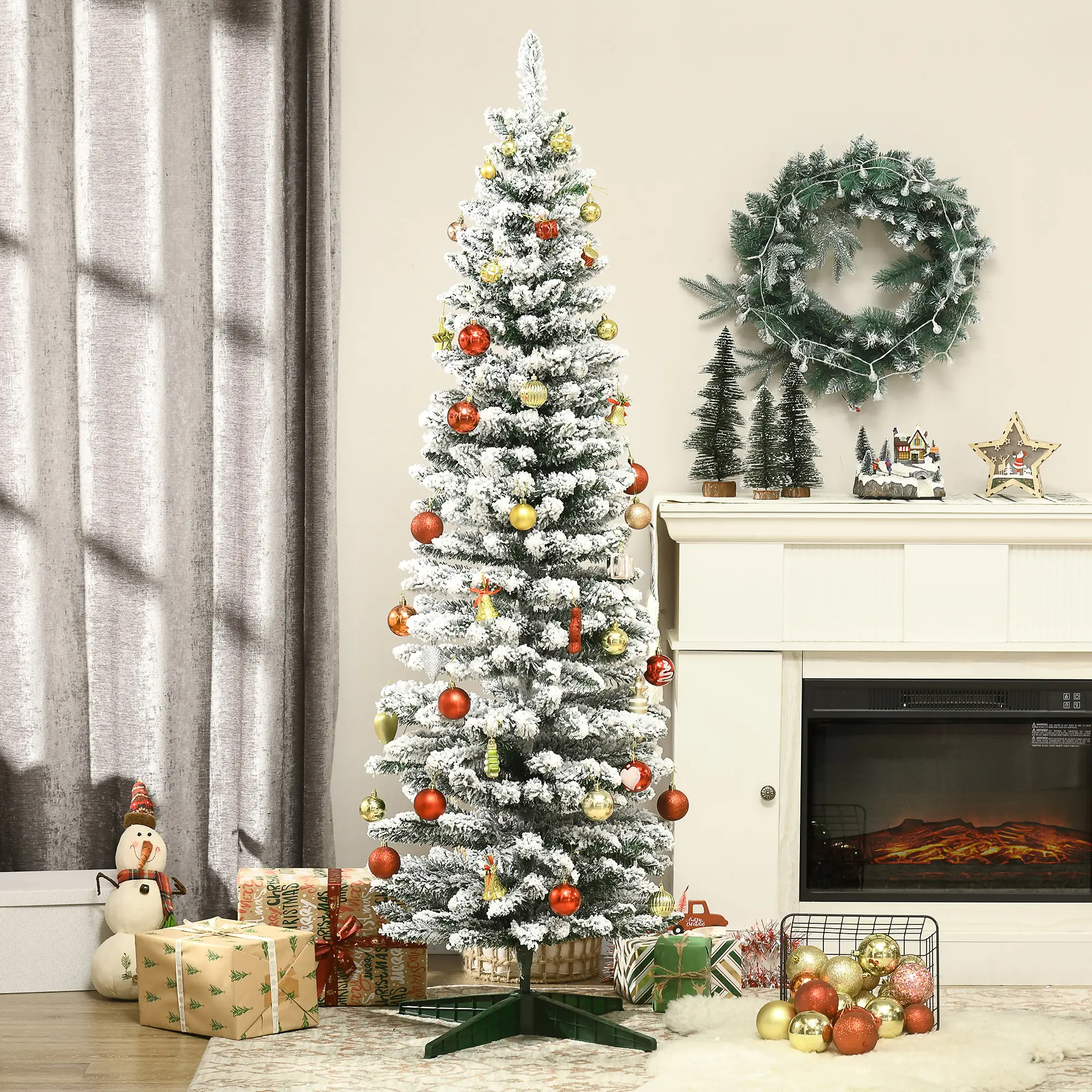 6ft Pencil Artificial Christmas Tree, Snow Flocked Branches, Green - Image 8