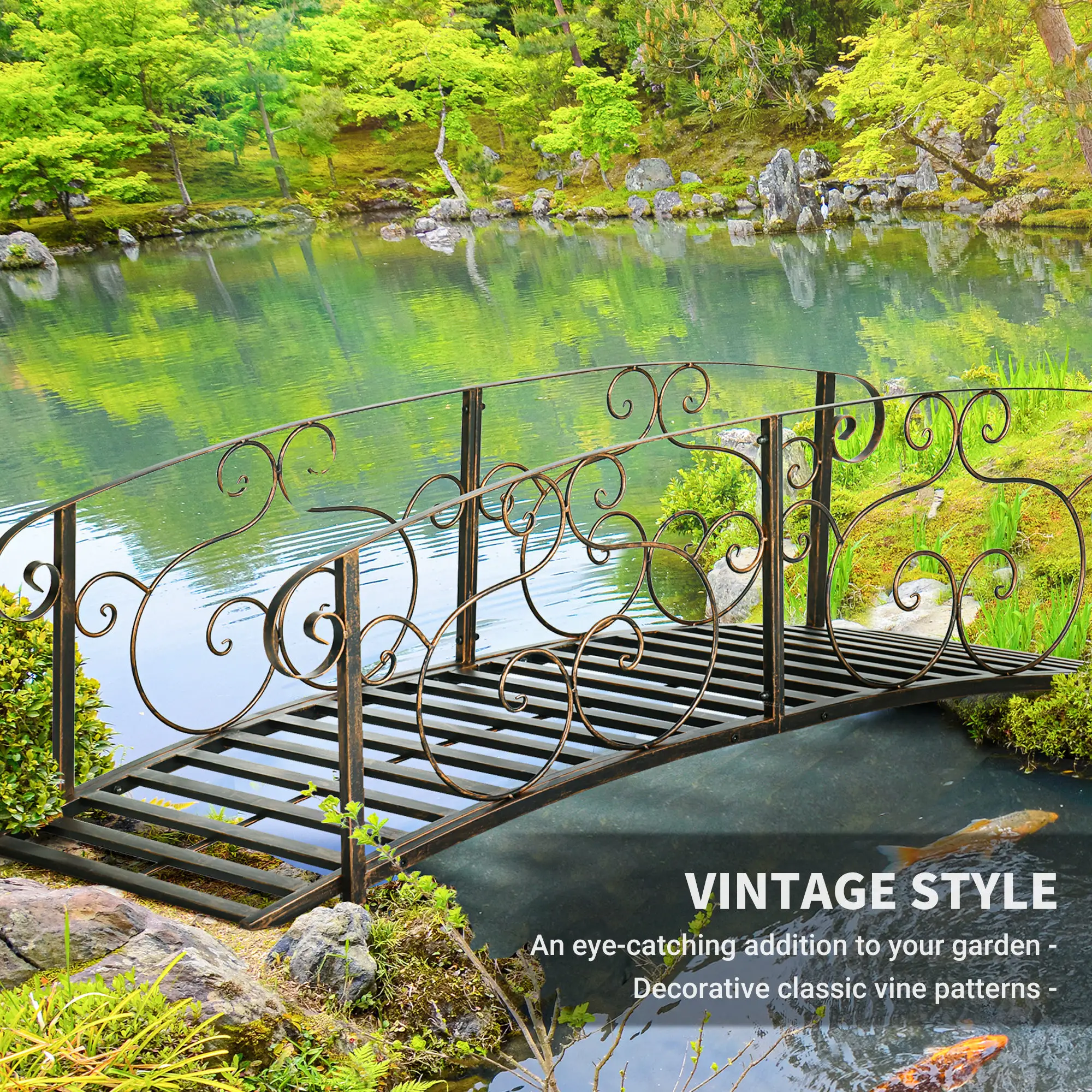 6FT Steel Garden Bridge, Decorative Arc Landscaping Bridge, Brown - Image 5
