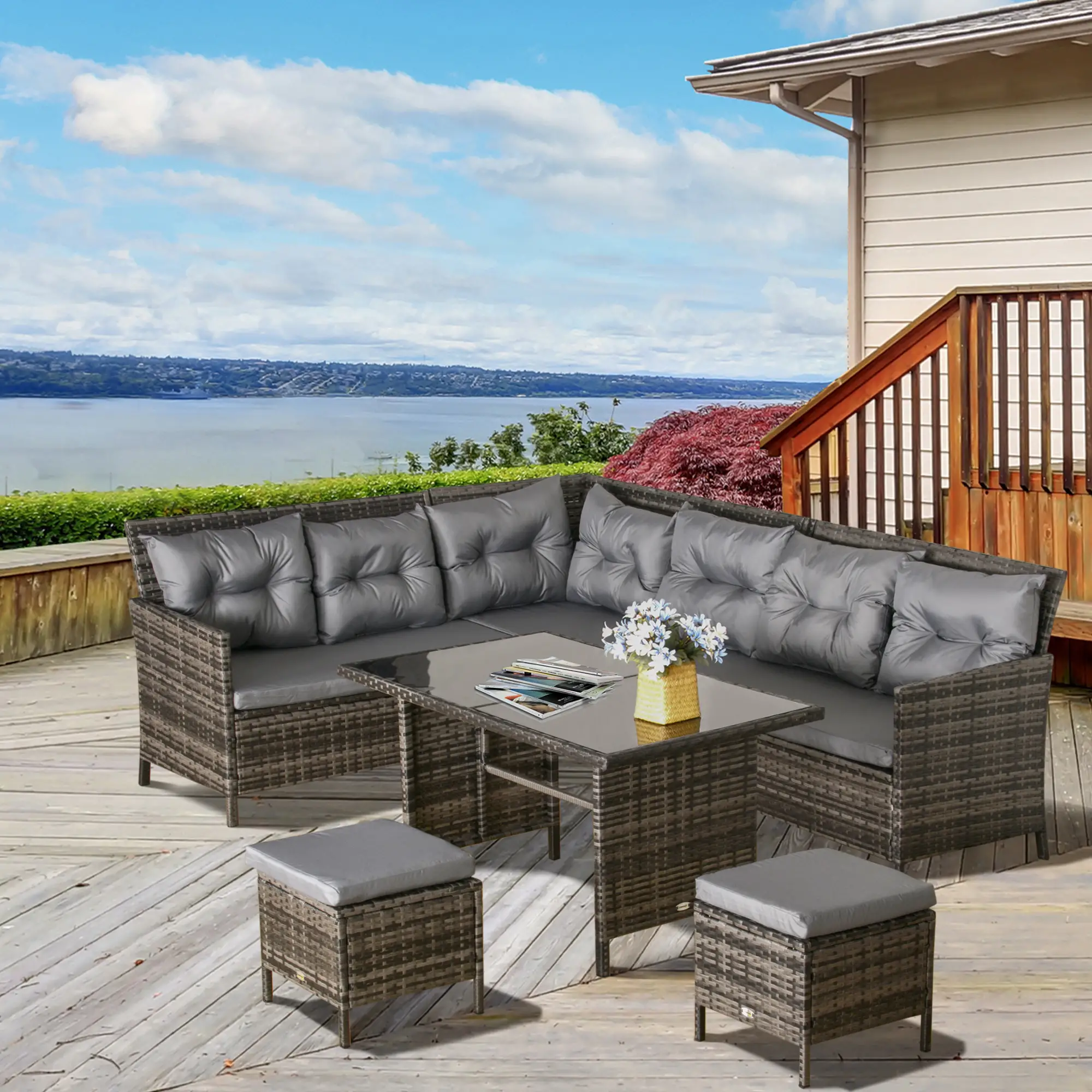 6pcs Outdoor Rattan Sofa Set, Wicker Sectional Couch, Dining Table, Dark Grey - Image 8