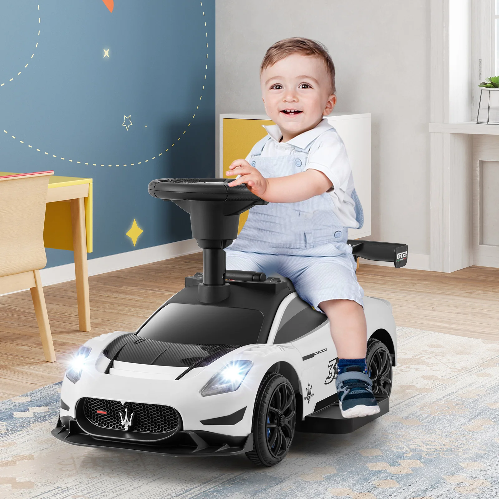 6V Electric Kids Ride On Push Car, With Foot Pedal And Music, White - Image 3