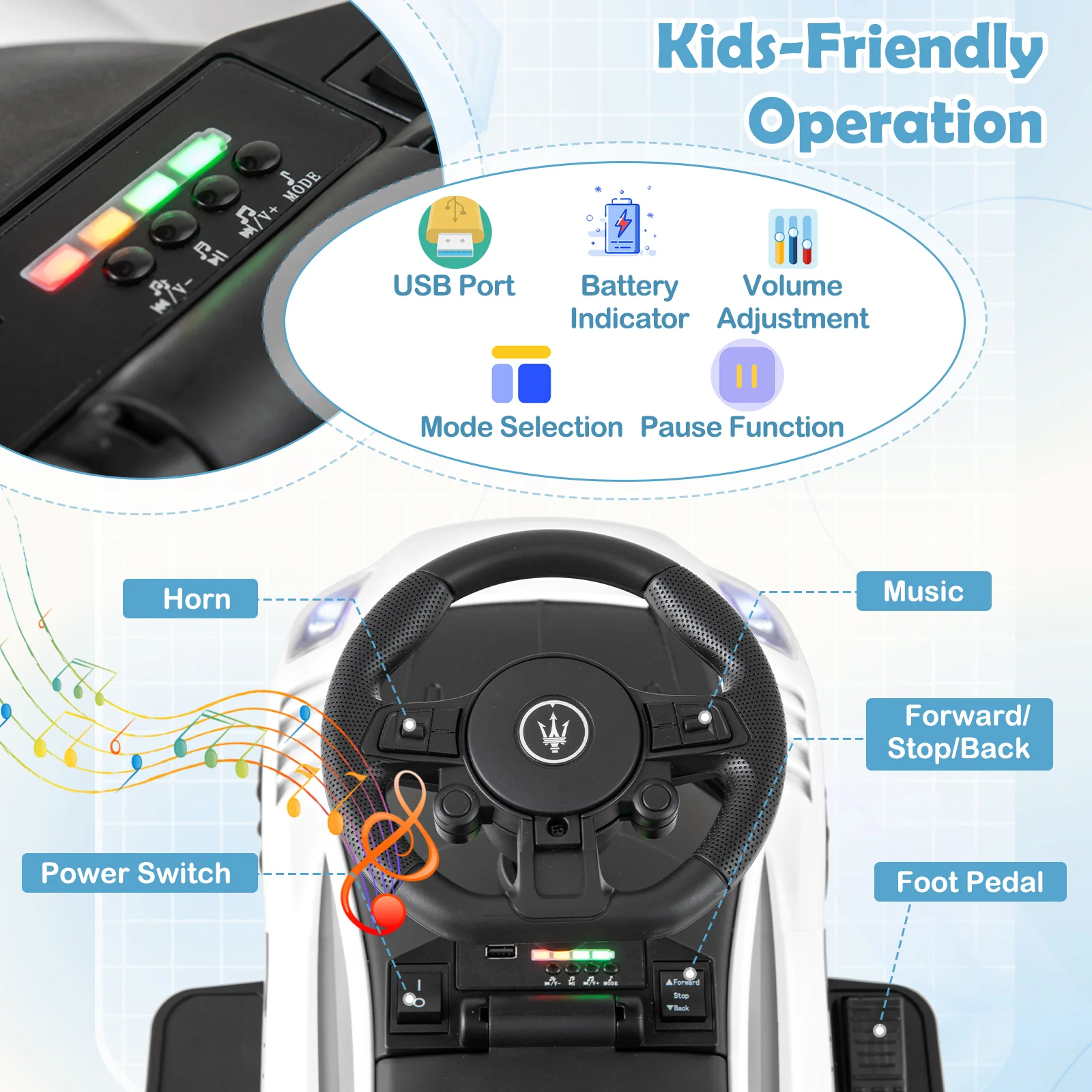 6V Electric Kids Ride On Push Car, With Foot Pedal And Music, White - Image 8