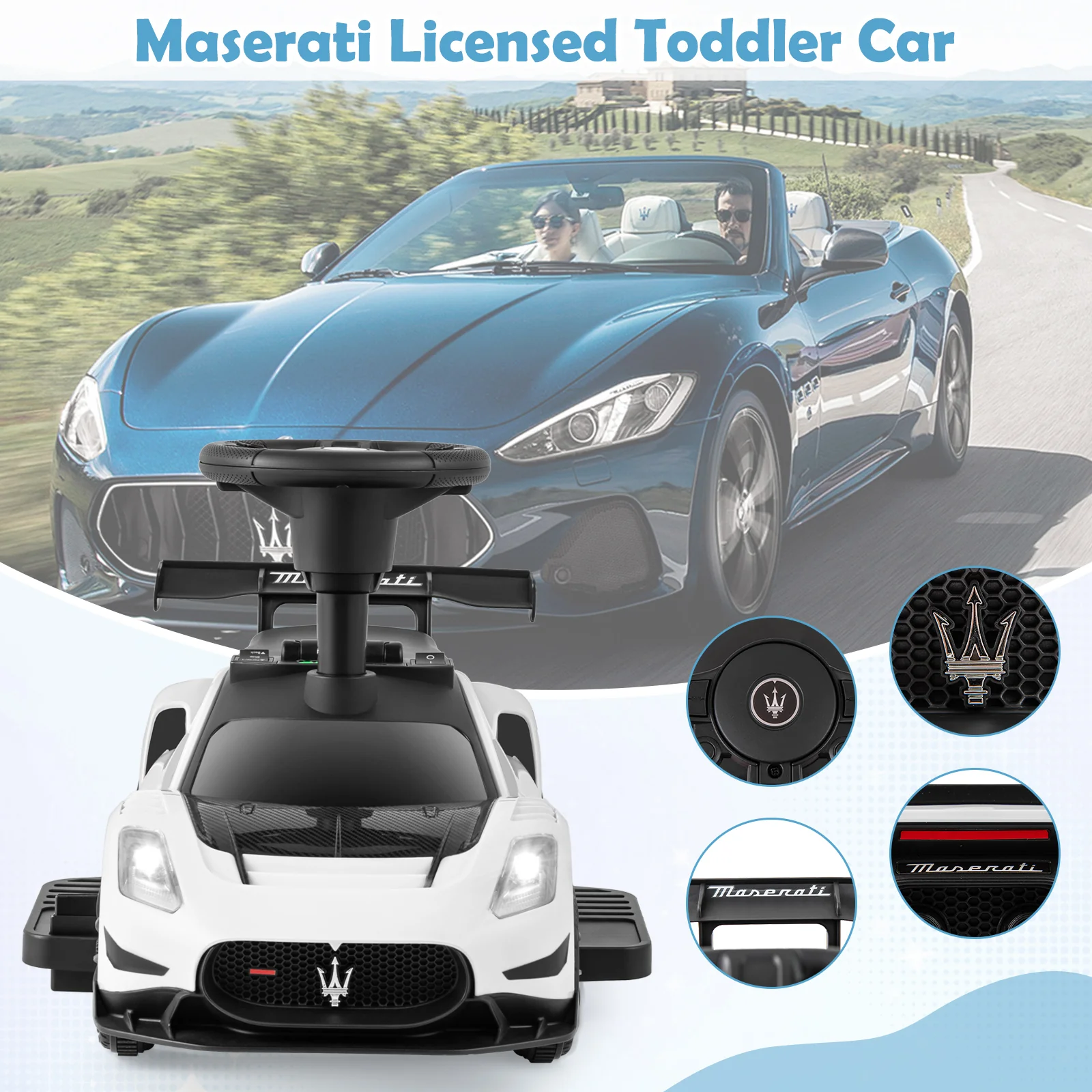 6V Electric Kids Ride On Push Car, With Foot Pedal And Music, White - Image 9