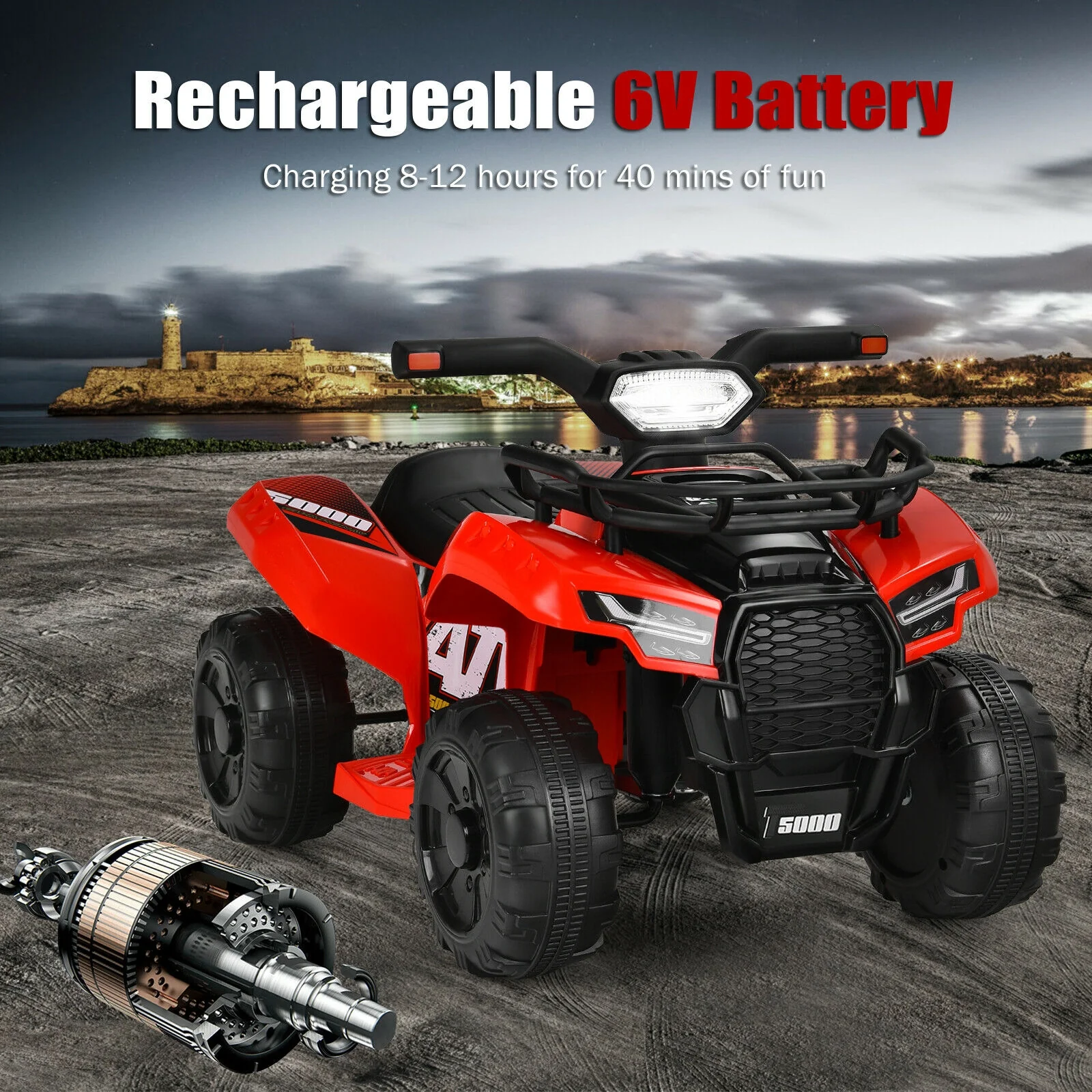 6V Kids ATV Quad Electric Ride On Car, LED Light, MP3, Red - Image 8