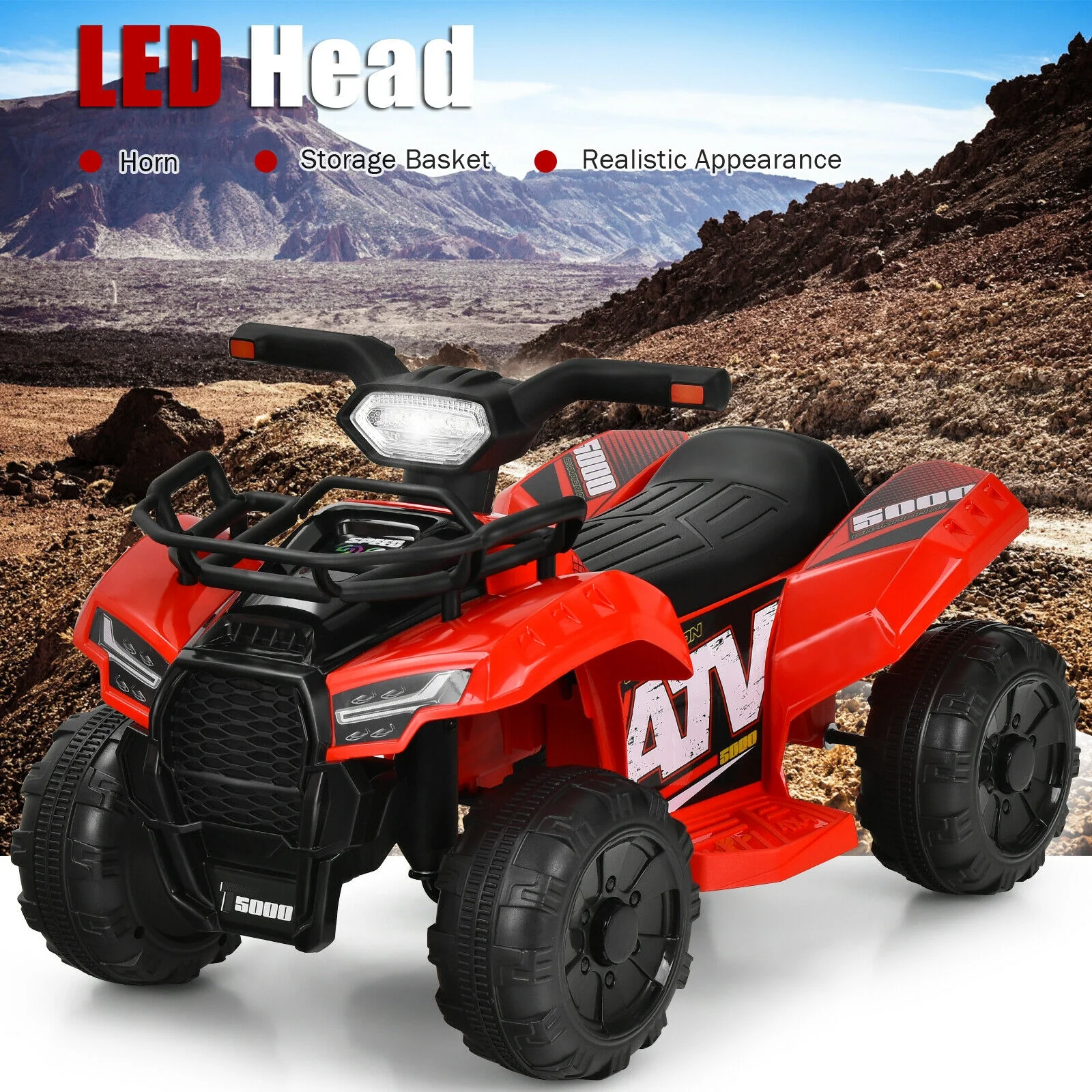 6V Kids ATV Quad Electric Ride On Car, LED Light, MP3, Red - Image 9
