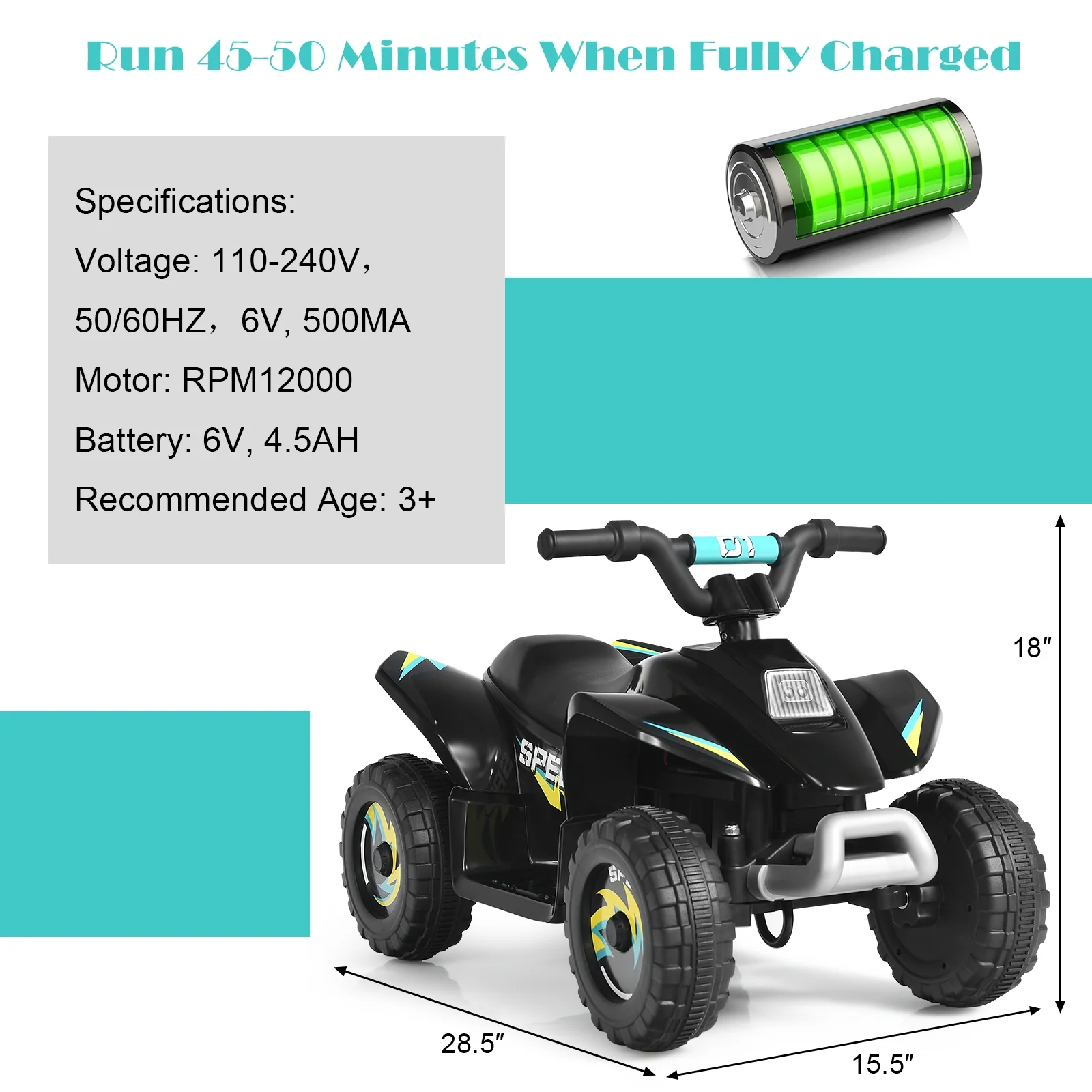 6V Kids Electric ATV, 4 Wheels Ride-On Toy, Black - Image 6