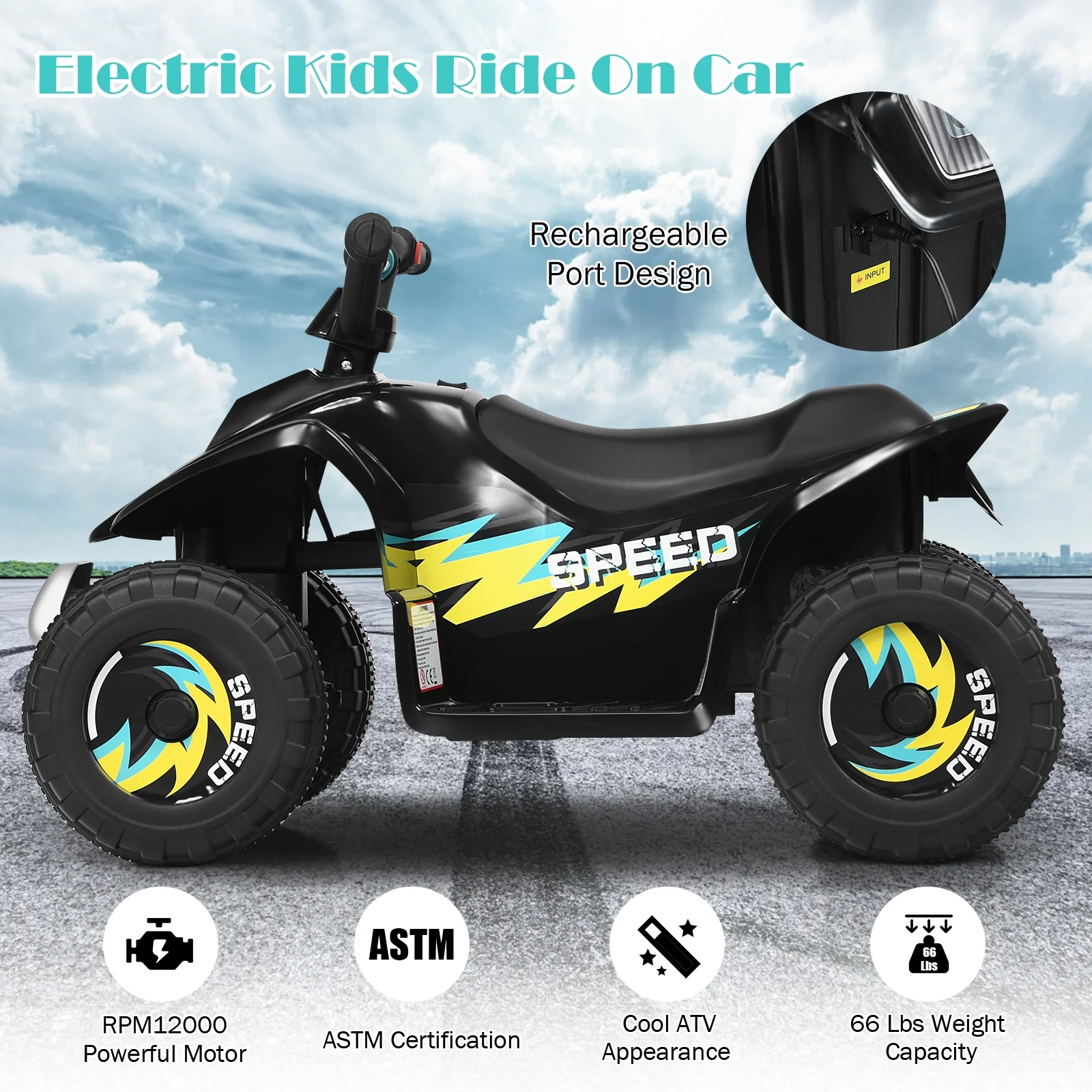 6V Kids Electric ATV, 4 Wheels Ride-On Toy, Black - Image 8