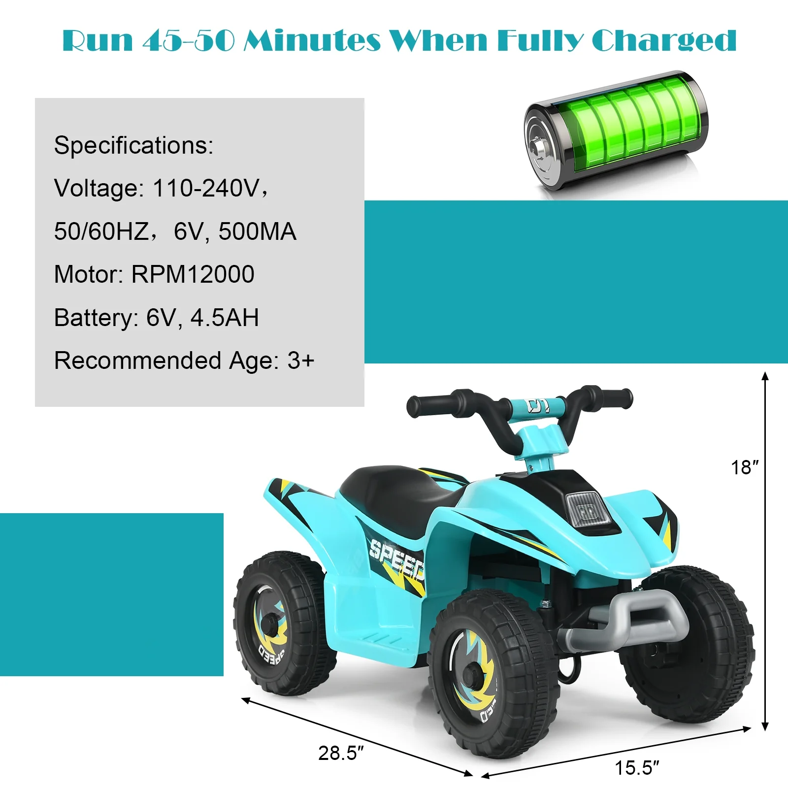 6V Kids Electric ATV, 4 Wheels Ride-On Toy, Blue - Image 6