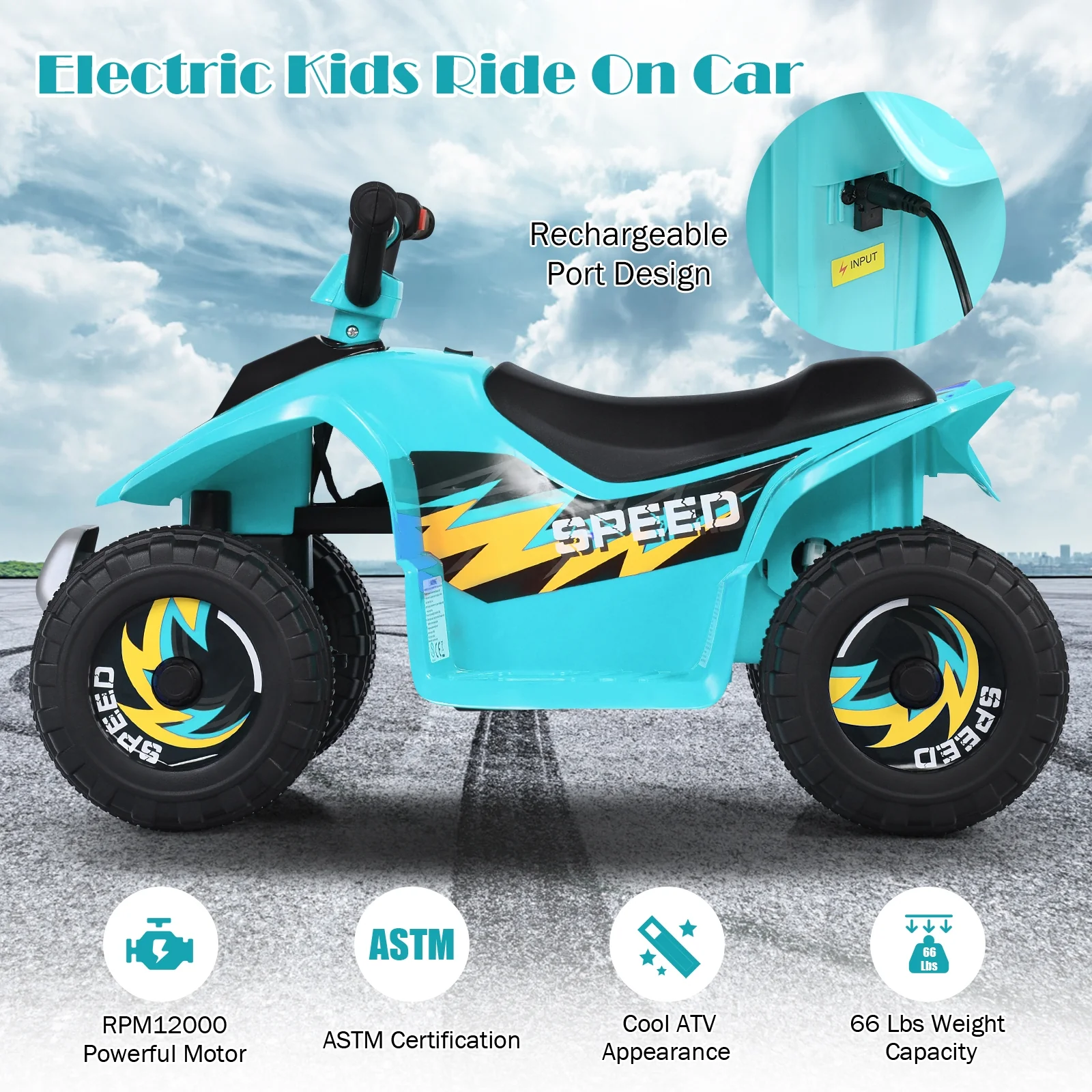 6V Kids Electric ATV, 4 Wheels Ride-On Toy, Blue - Image 8