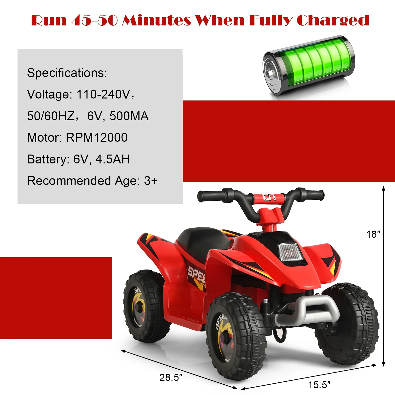 6V Kids Electric ATV, 4 Wheels Ride-On Toy, Red - Image 6